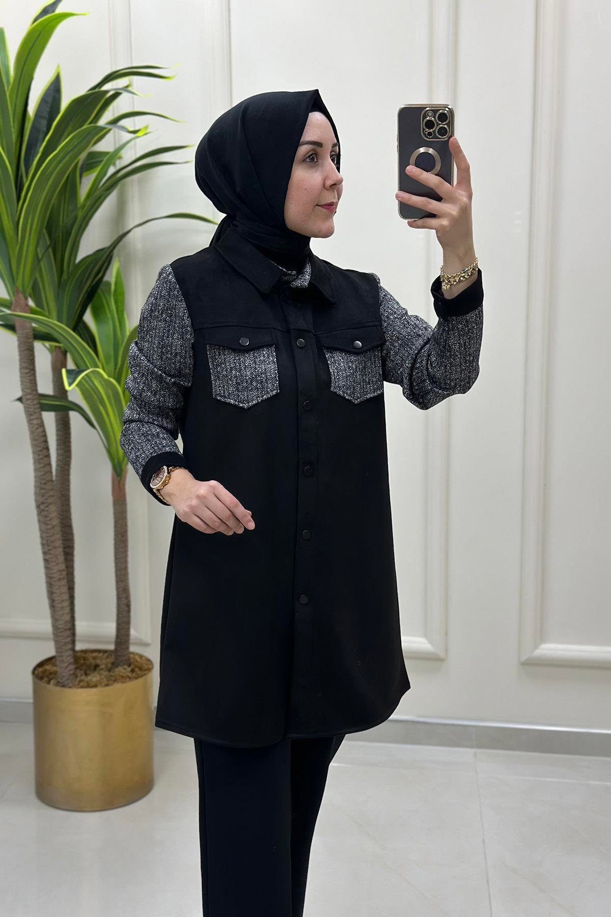 Tesettür TunikÖnü Çıtçıtlı Cep ve Kol Renk Garnili Süet Kadın Tunik Siyah BRL 6128