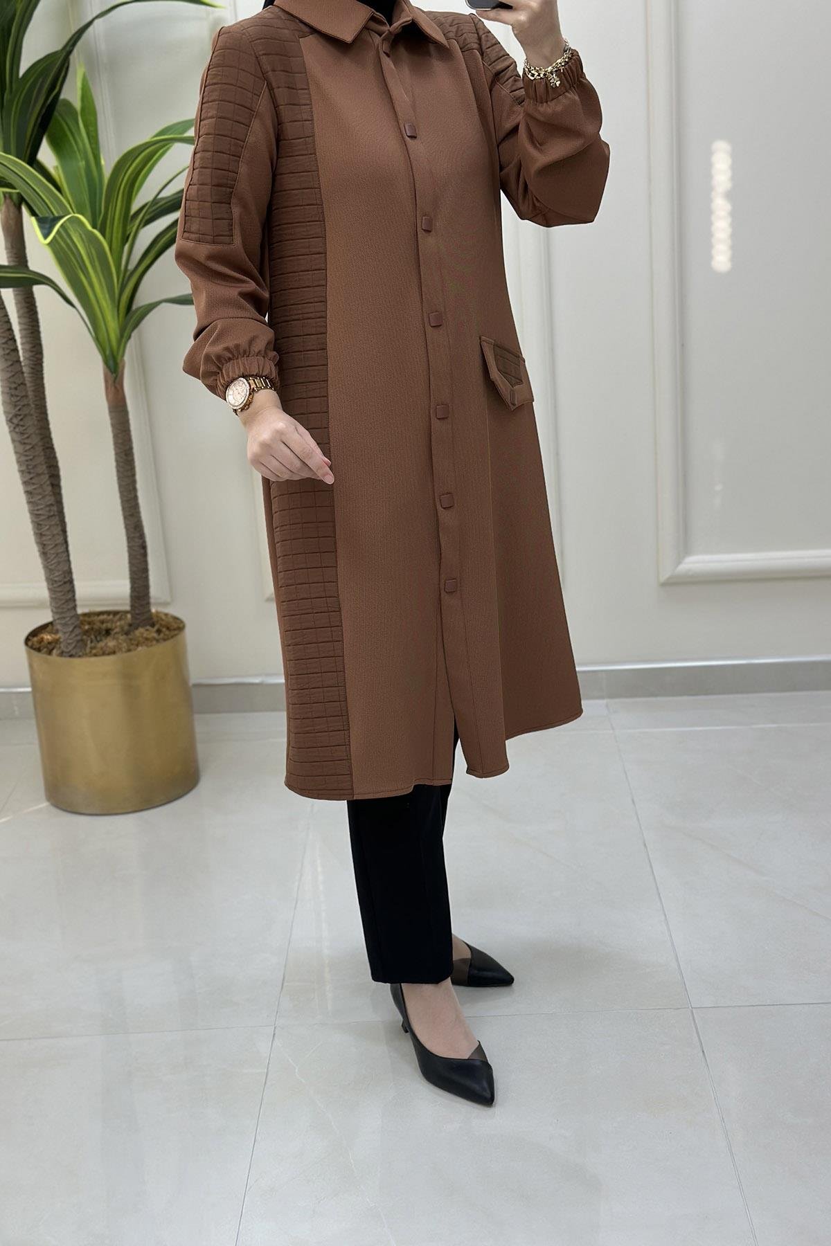 Tesettür TunikÖnü Çıtçıtlı Kapitone Garnili Kadın Tunik Açık Taba QTN 4773