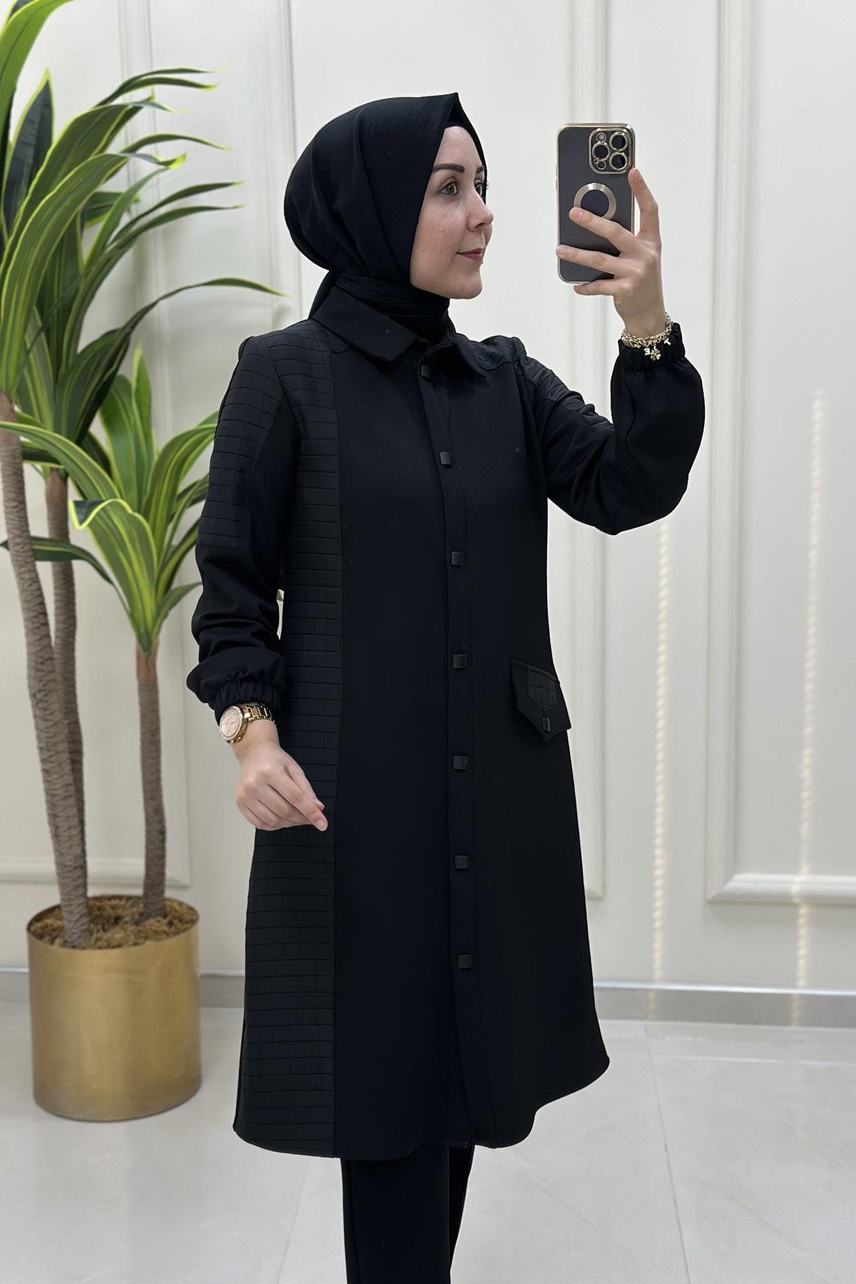 Tesettür TunikÖnü Çıtçıtlı Kapitone Garnili Kadın Tunik Siyah QTN 4773