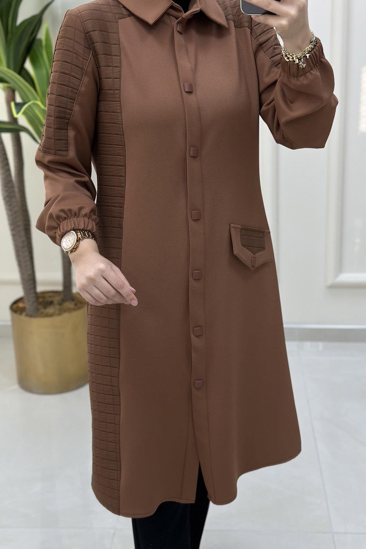 Tesettür TunikÖnü Çıtçıtlı Kapitone Garnili Kadın Tunik Açık Taba QTN 4773