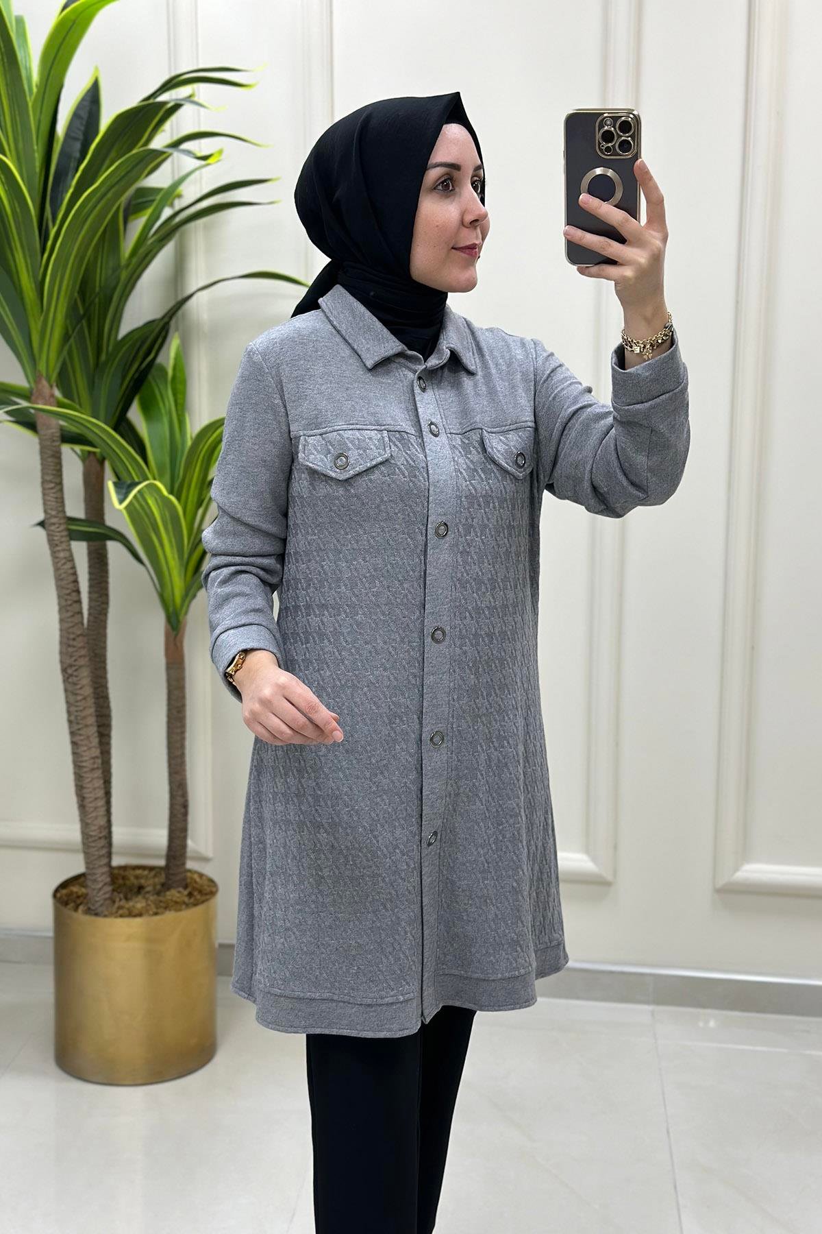 Tesettür TunikÖnü Çıtçıtlı Kazayağı Desen Triko Kadın Tunik Gri QTN 2862