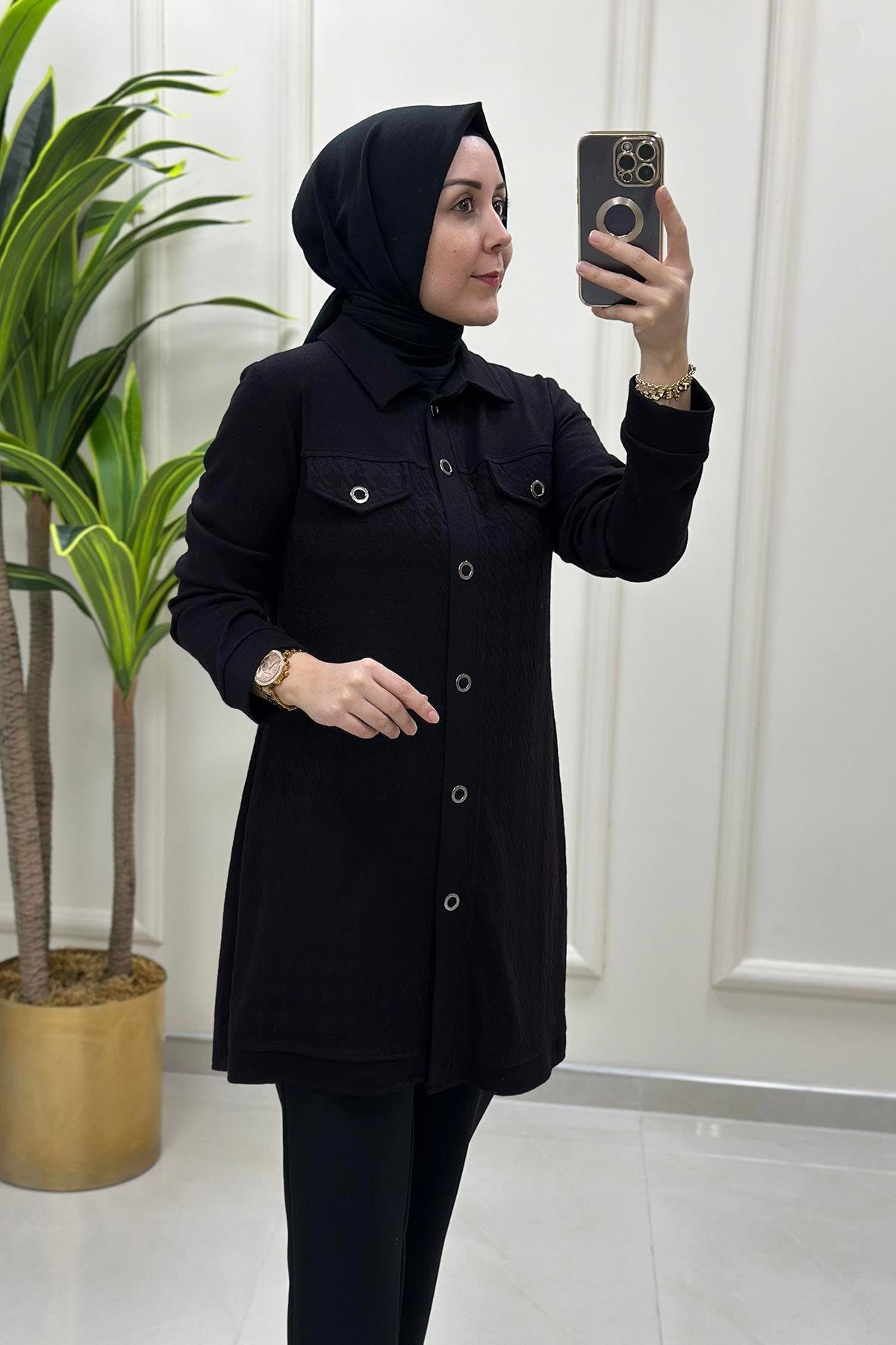 Tesettür TunikÖnü Çıtçıtlı Kazayağı Desen Triko Kadın Tunik Siyah QTN 2862