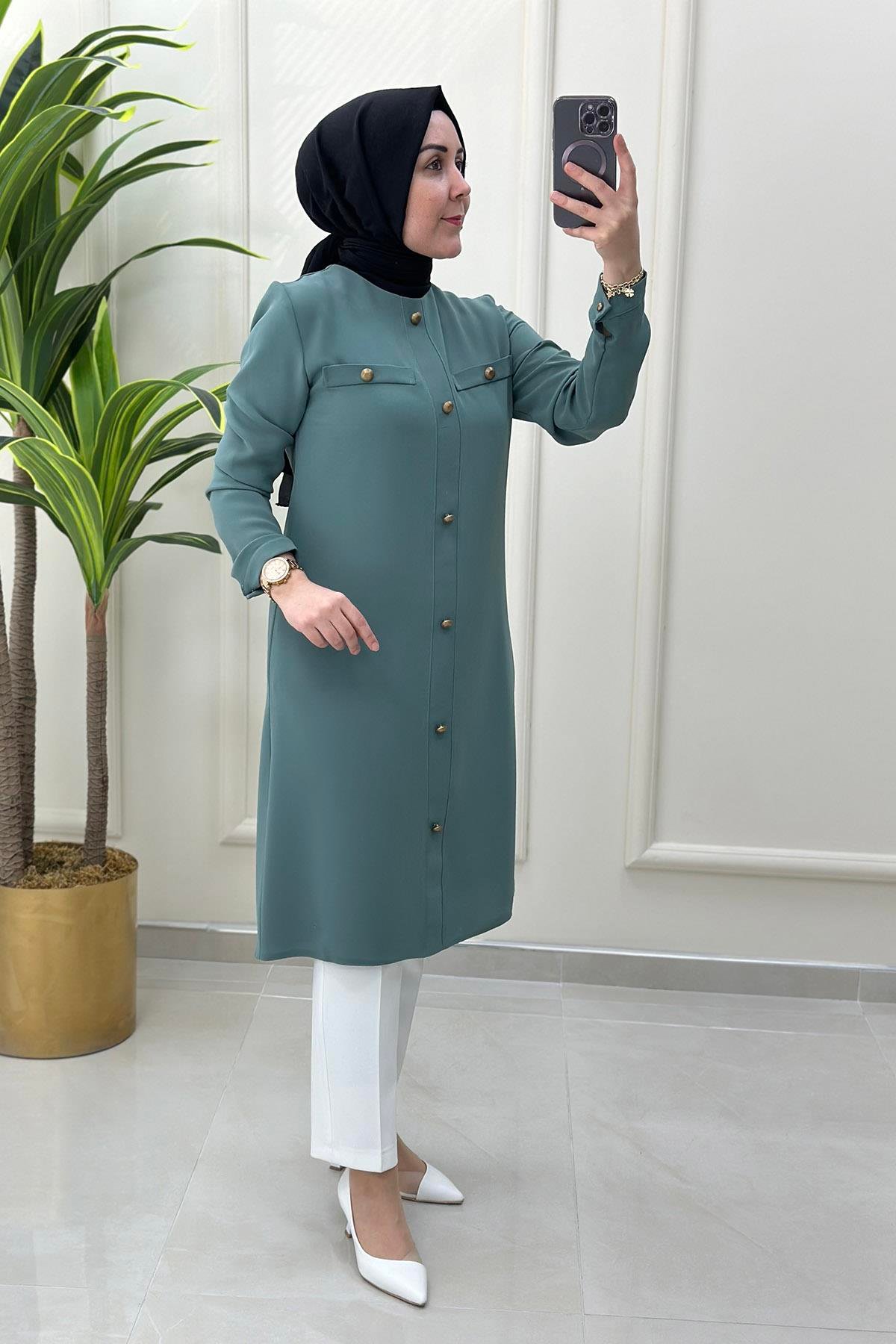 Tesettür TunikÖnü Düğme Detaylı Kadın Tunik Mint Yeşili QTN 2804