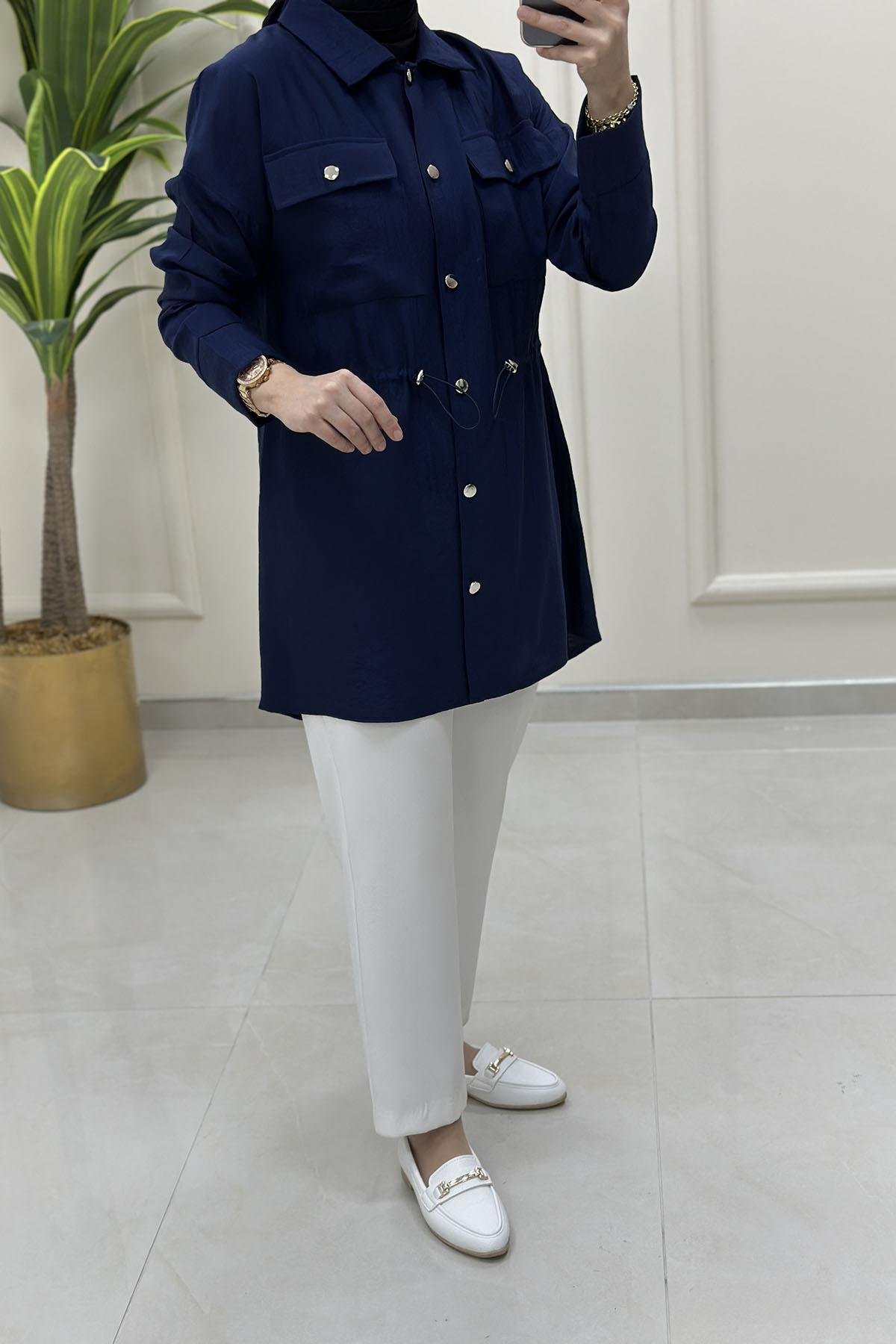 Tesettür TunikÖnü Düğmeli Beli Büzgülü Kadın Giyçık Tunik Lacivert KADO 251744