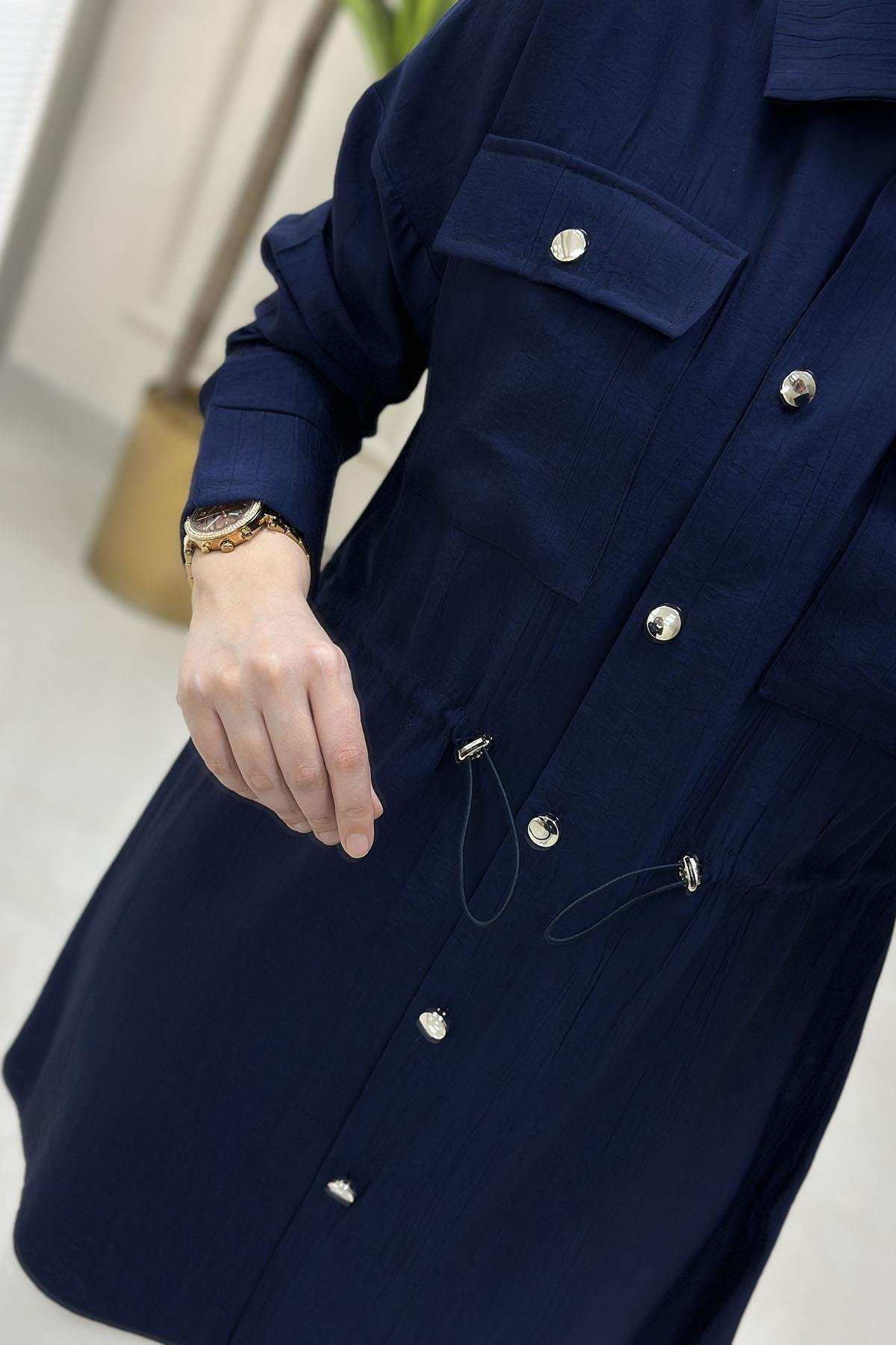 Tesettür TunikÖnü Düğmeli Beli Büzgülü Kadın Giyçık Tunik Lacivert KADO 251744