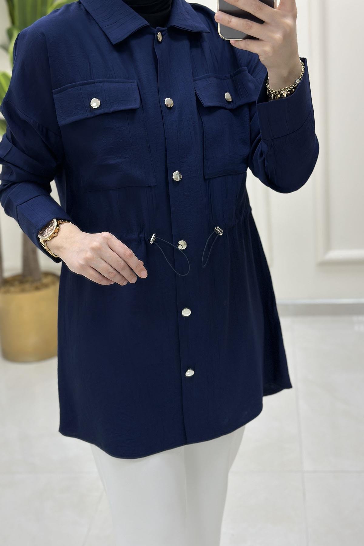 Tesettür TunikÖnü Düğmeli Beli Büzgülü Kadın Giyçık Tunik Lacivert KADO 251744