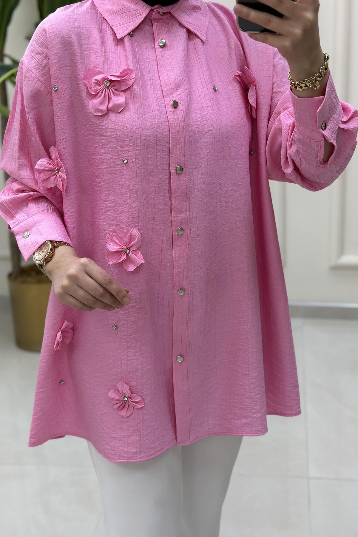 Tesettür TunikÖnü Düğmeli Çiçek Taş Detaylı Kadın Tunik Pembe MSE 3236