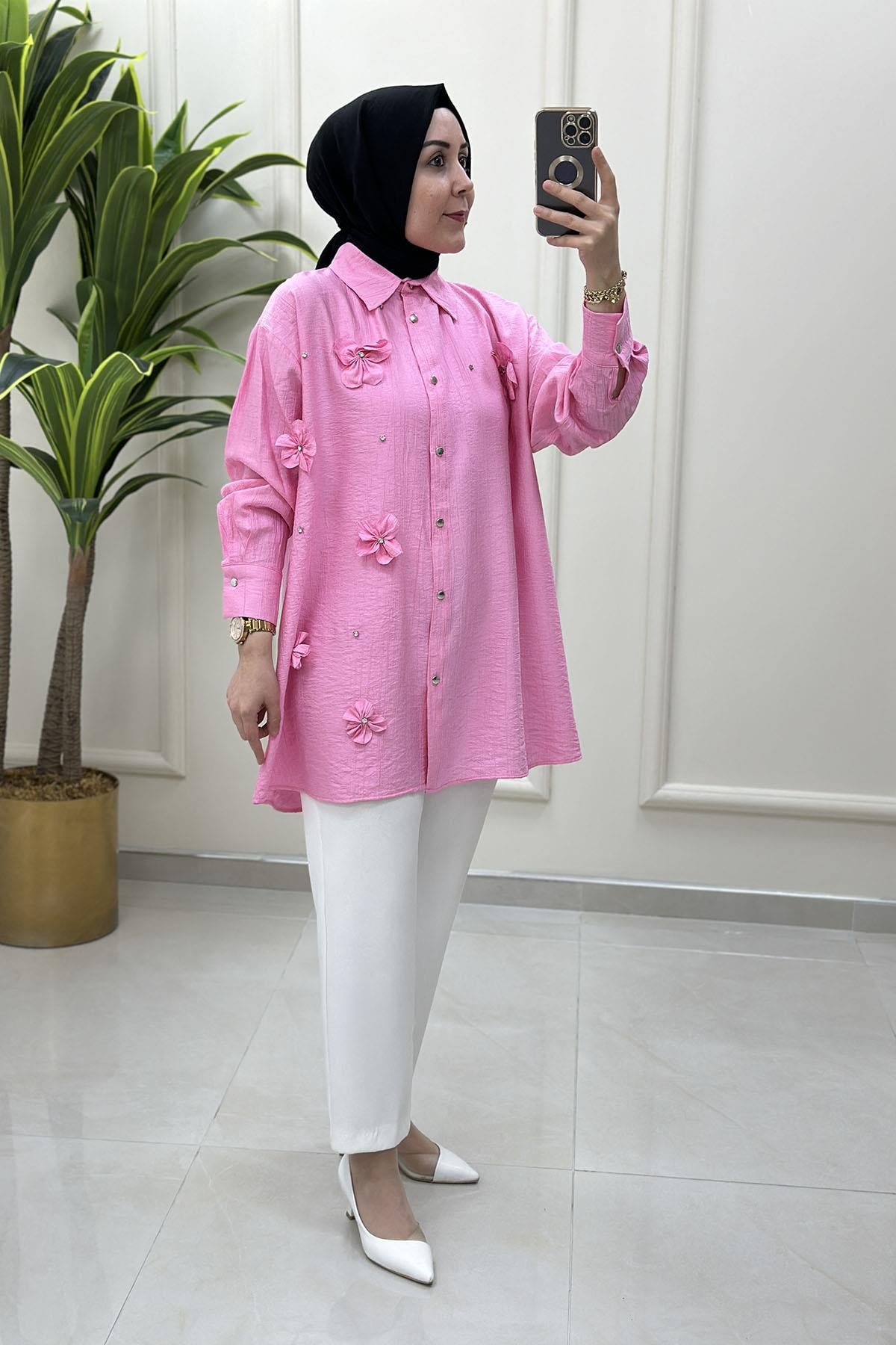 Tesettür TunikÖnü Düğmeli Çiçek Taş Detaylı Kadın Tunik Pembe MSE 3236