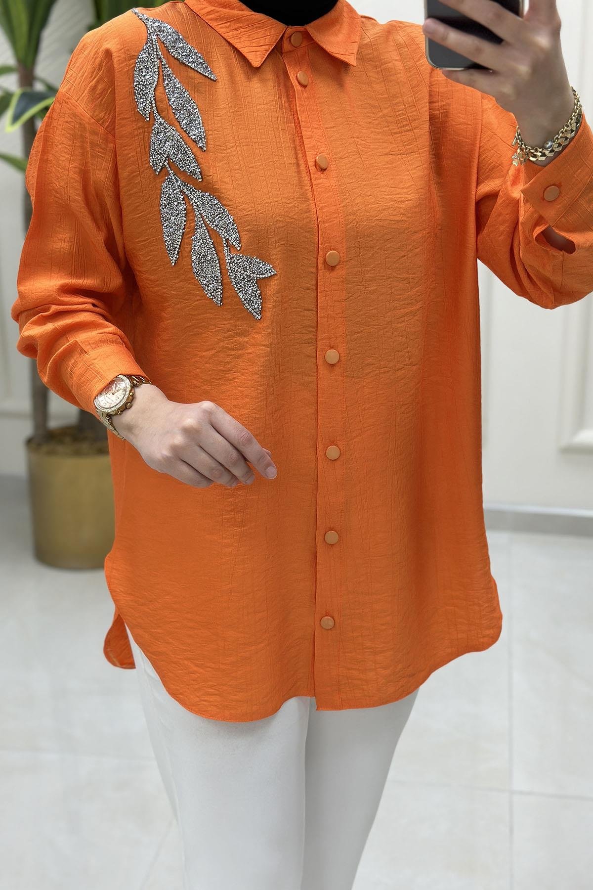Tesettür TunikÖnü Düğmeli Yaprak Taş Detaylı Kadın Tunik Turuncu GNR 204