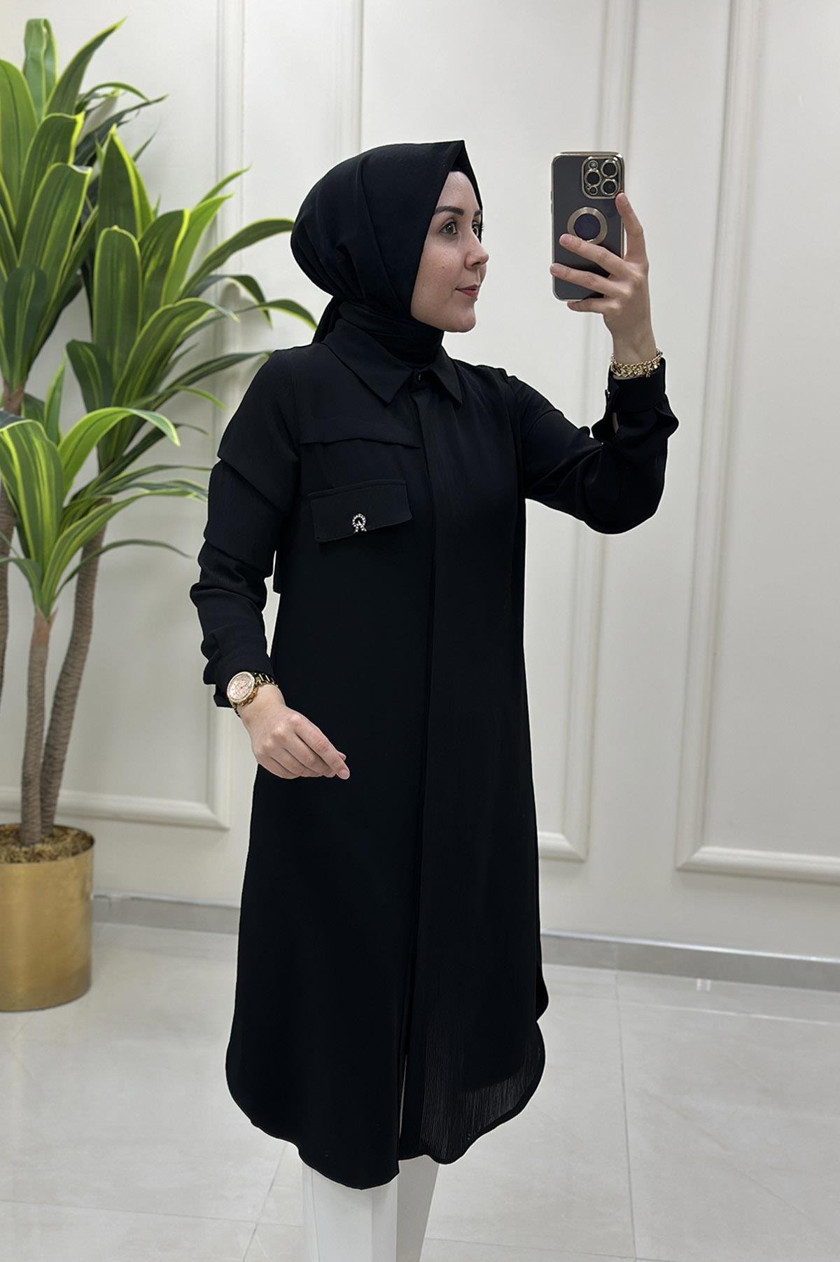 Tesettür TunikÖnü Gizli Düğme Pilise Krep Kombinli Kadın Tunik Siyah MLH 5090