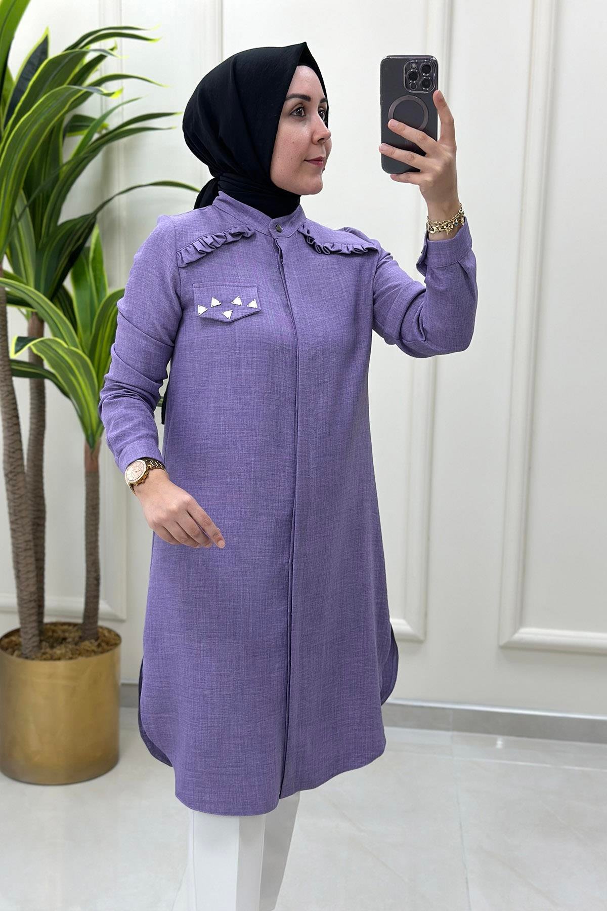 Tesettür TunikÖnü Gizli Düğmeli Yakası Fırfırlı Kadın Tunik Lila MLH 4220