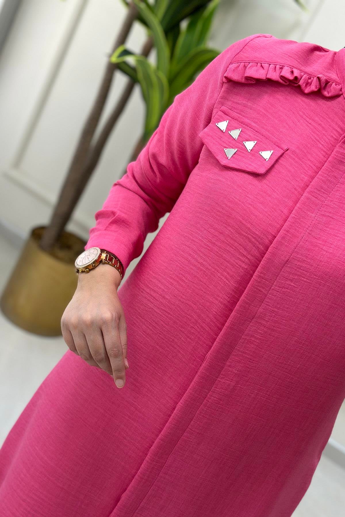 Tesettür TunikÖnü Gizli Düğmeli Yakası Fırfırlı Kadın Tunik Pembe MLH 4220