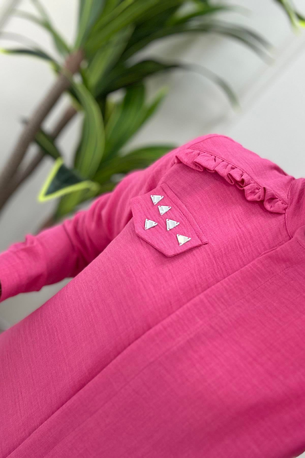 Tesettür TunikÖnü Gizli Düğmeli Yakası Fırfırlı Kadın Tunik Pembe MLH 4220