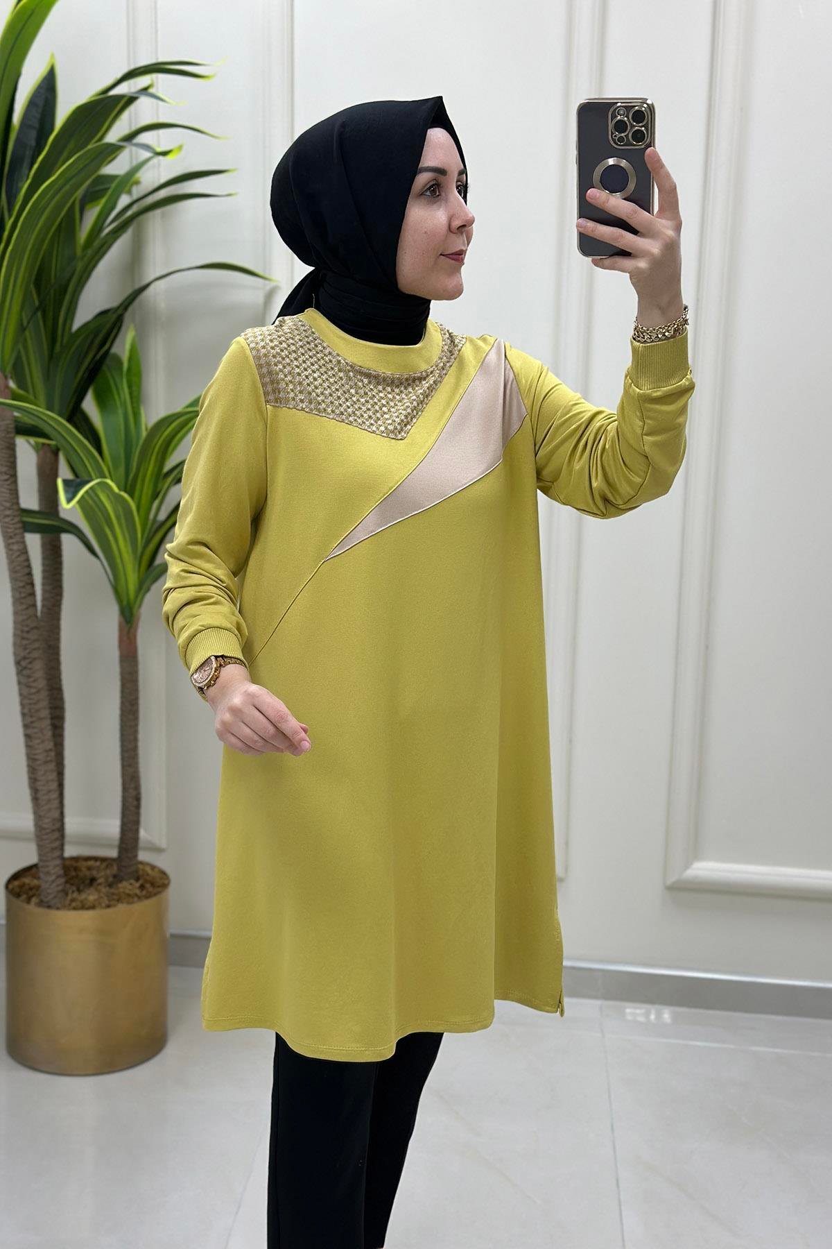 Tesettür TunikÖnü Kazayağı Desen Garnili Kadın Tunik Asit Yeşili KADO 9149