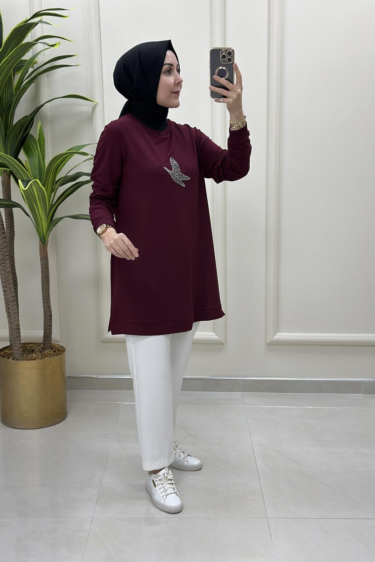 Tesettür TunikÖnü Kuş Baskı Detaylı Ribanalı Kadın Tunik Bordo KADO 9707