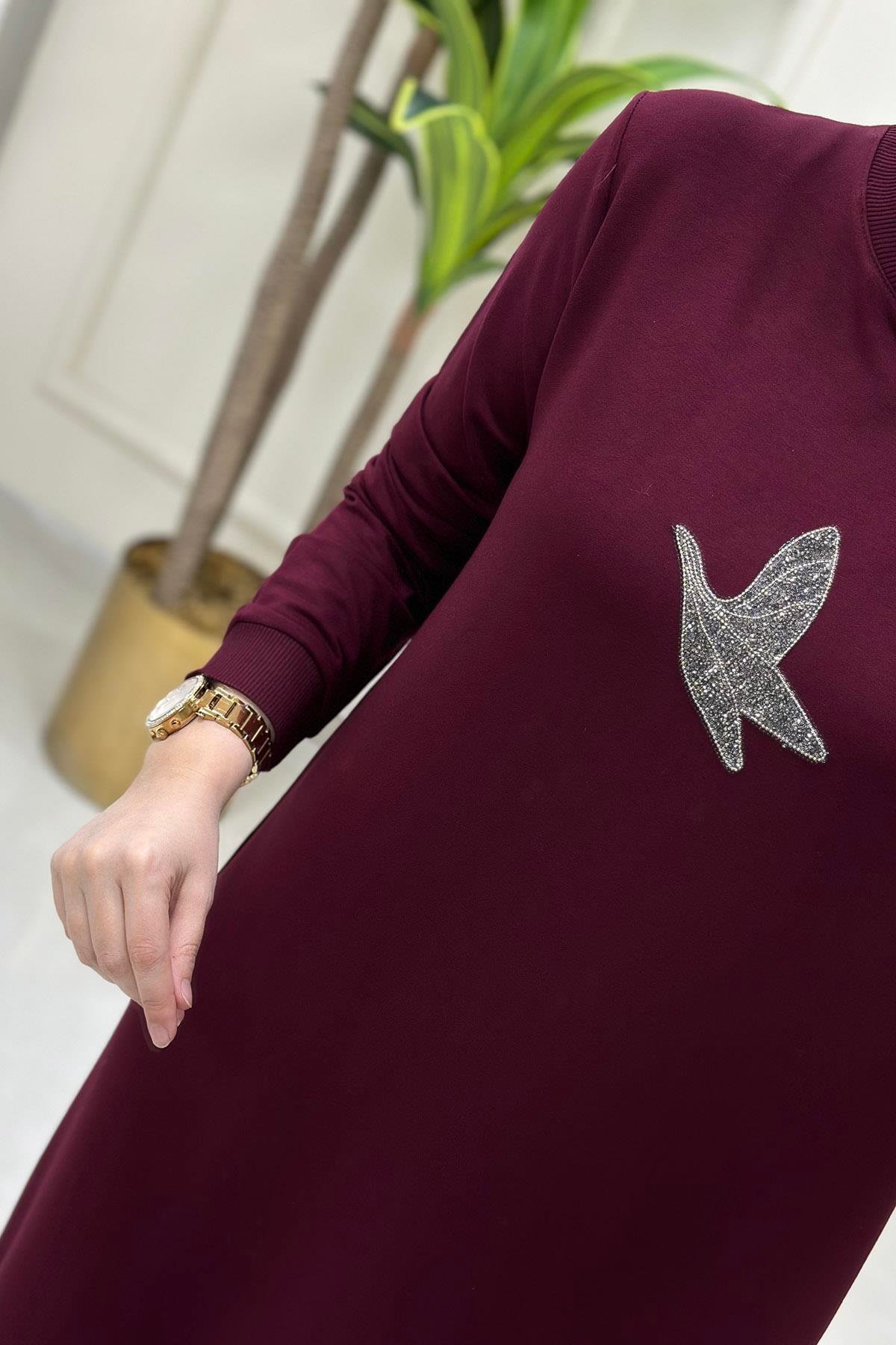 Tesettür TunikÖnü Kuş Baskı Detaylı Ribanalı Kadın Tunik Bordo KADO 9712