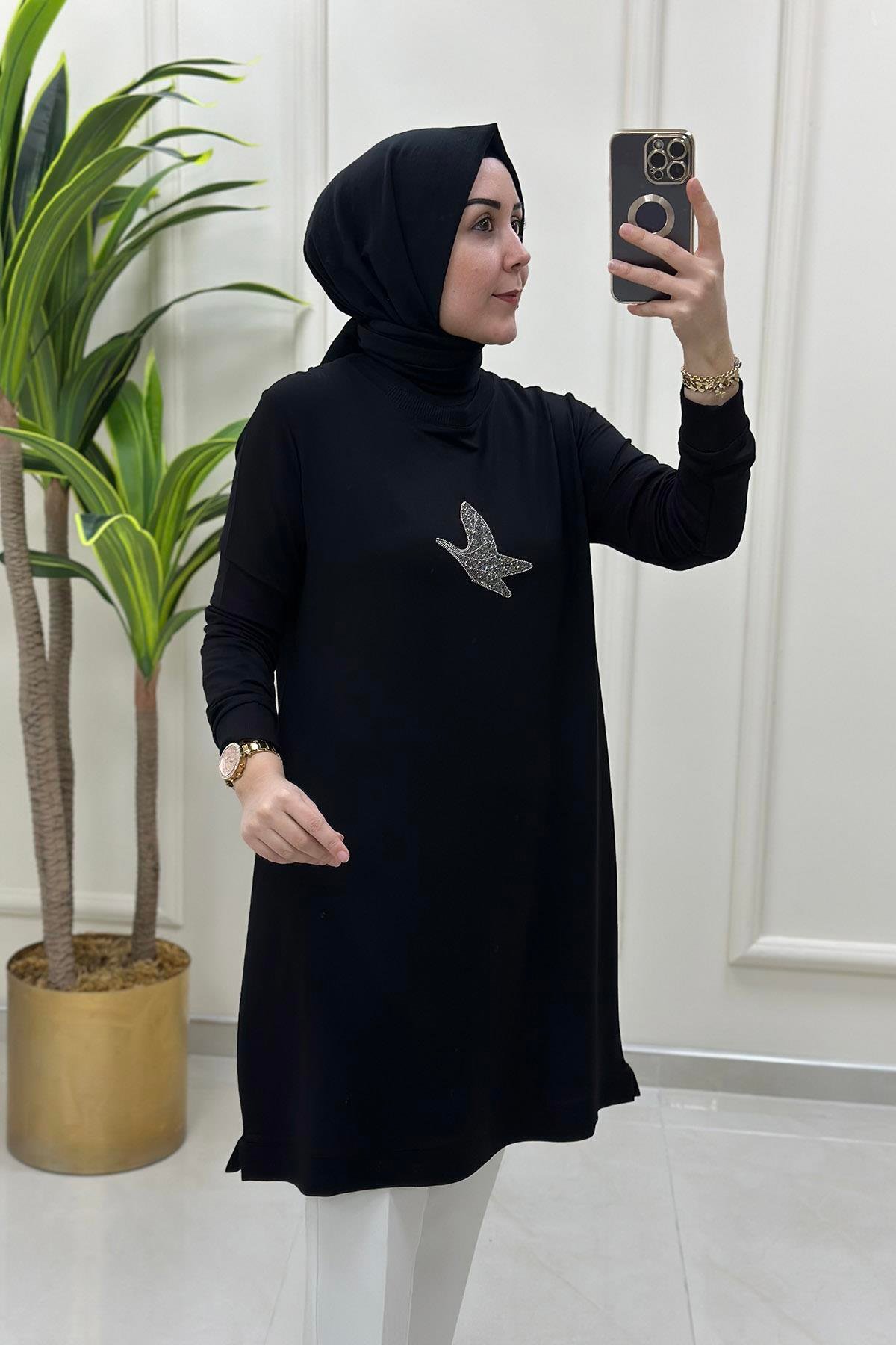 Tesettür TunikÖnü Kuş Baskı Detaylı Ribanalı Kadın Tunik Siyah KADO 9712