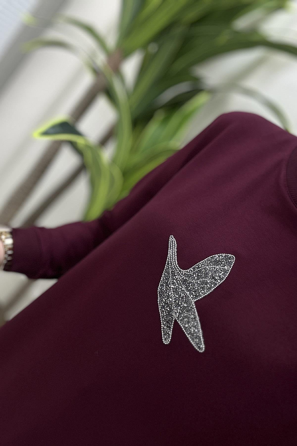 Tesettür TunikÖnü Kuş Baskı Detaylı Ribanalı Kadın Tunik Bordo KADO 9707