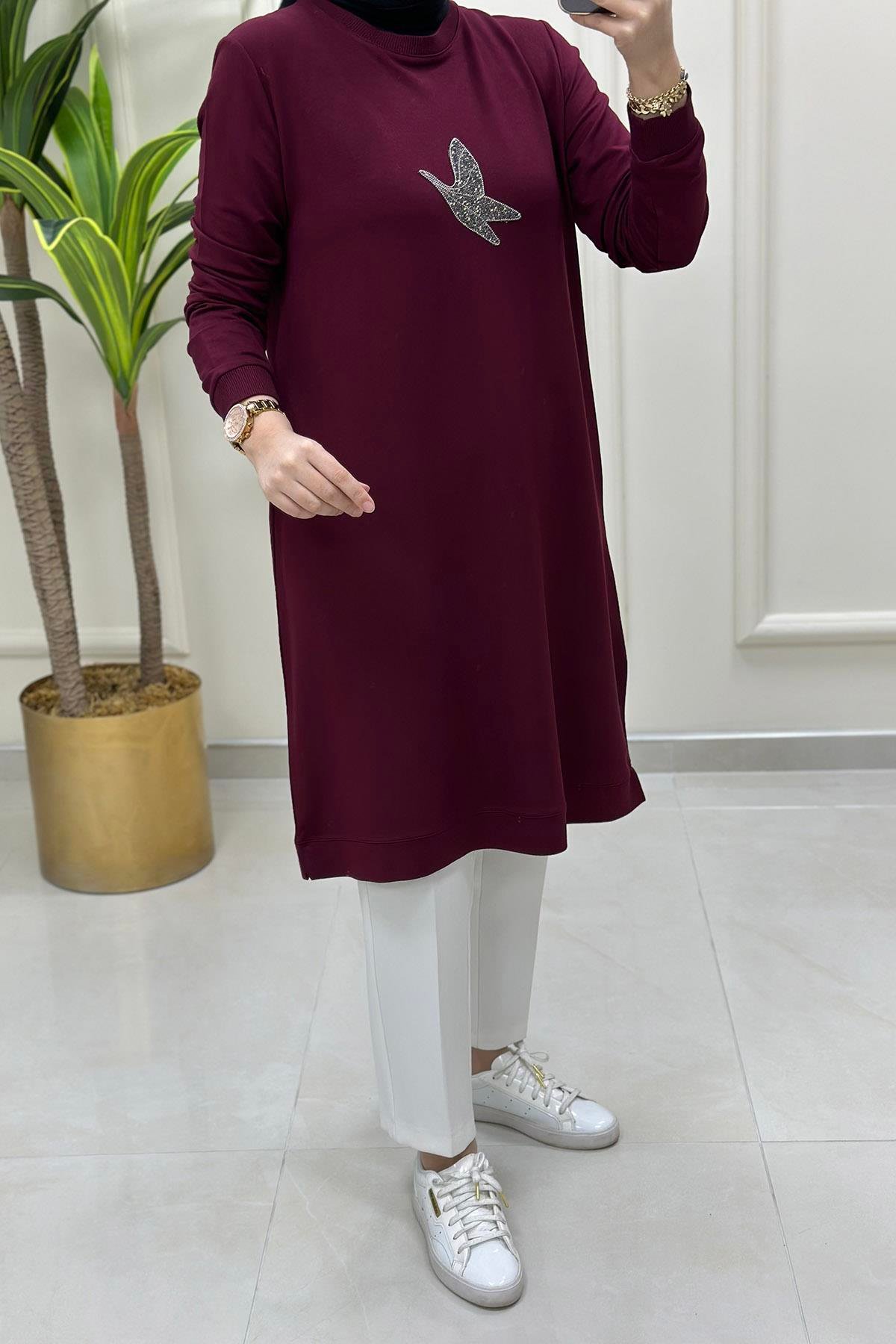 Tesettür TunikÖnü Kuş Baskı Detaylı Ribanalı Kadın Tunik Bordo KADO 9712