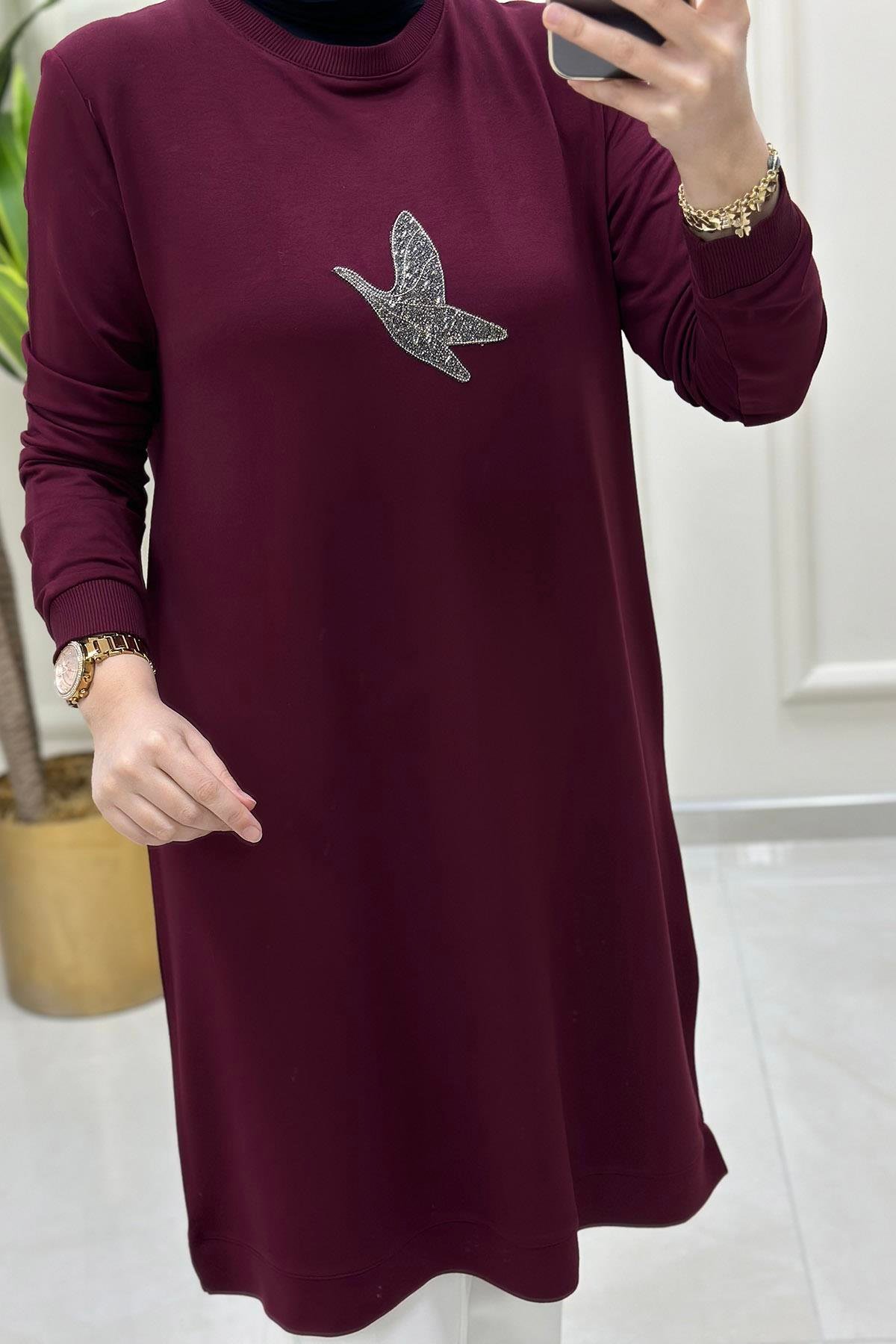 Tesettür TunikÖnü Kuş Baskı Detaylı Ribanalı Kadın Tunik Bordo KADO 9712