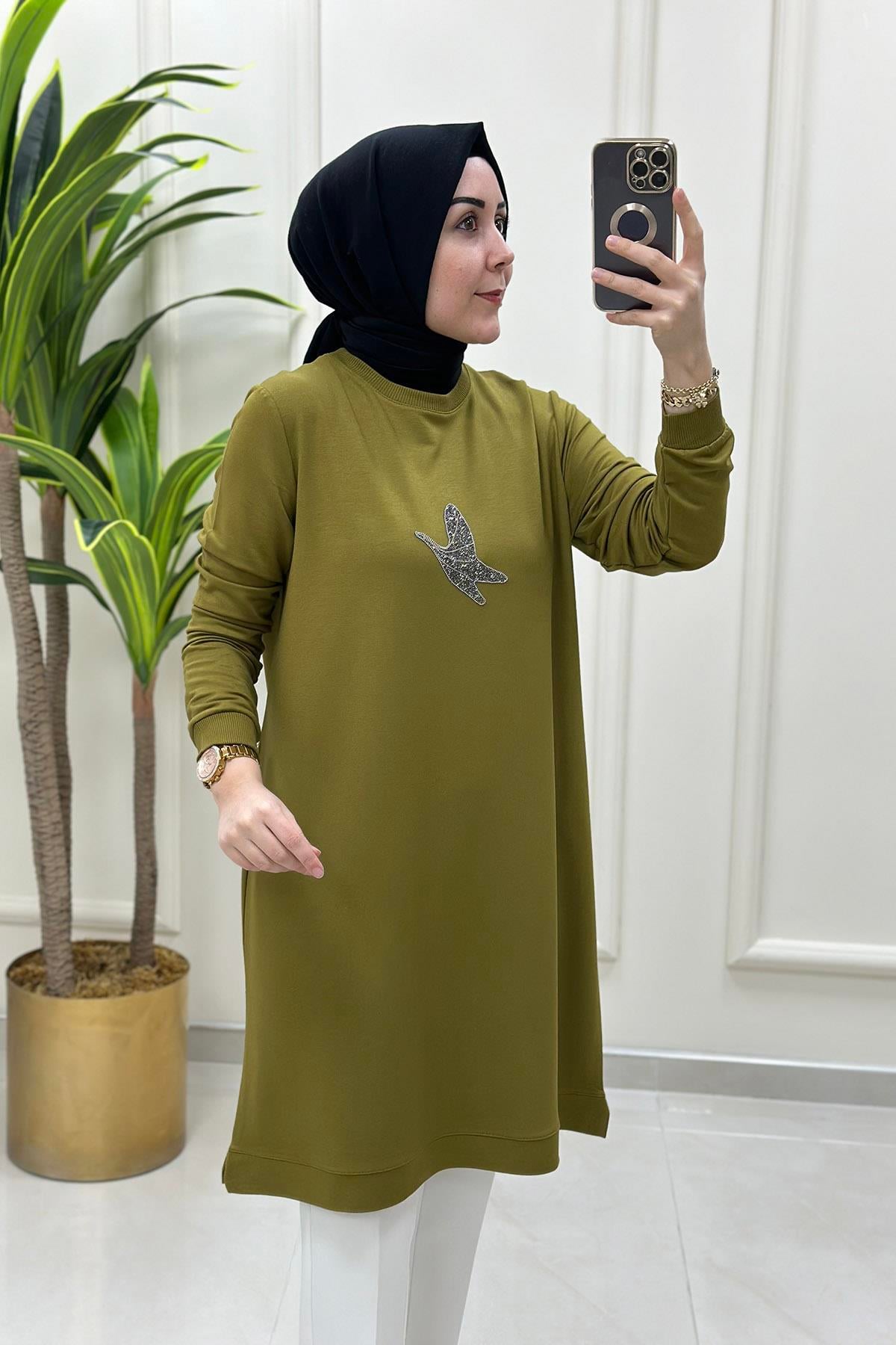 Tesettür TunikÖnü Kuş Baskı Detaylı Ribanalı Kadın Tunik Yağ Yeşili KADO 9712