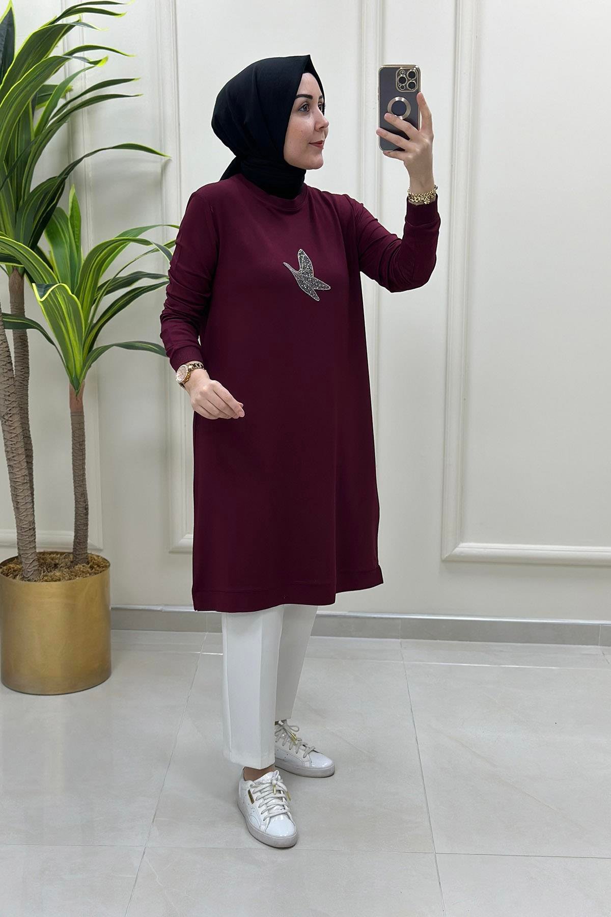 Tesettür TunikÖnü Kuş Baskı Detaylı Ribanalı Kadın Tunik Bordo KADO 9712