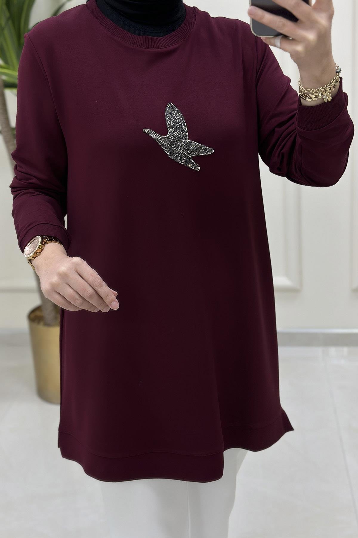 Tesettür TunikÖnü Kuş Baskı Detaylı Ribanalı Kadın Tunik Bordo KADO 9707