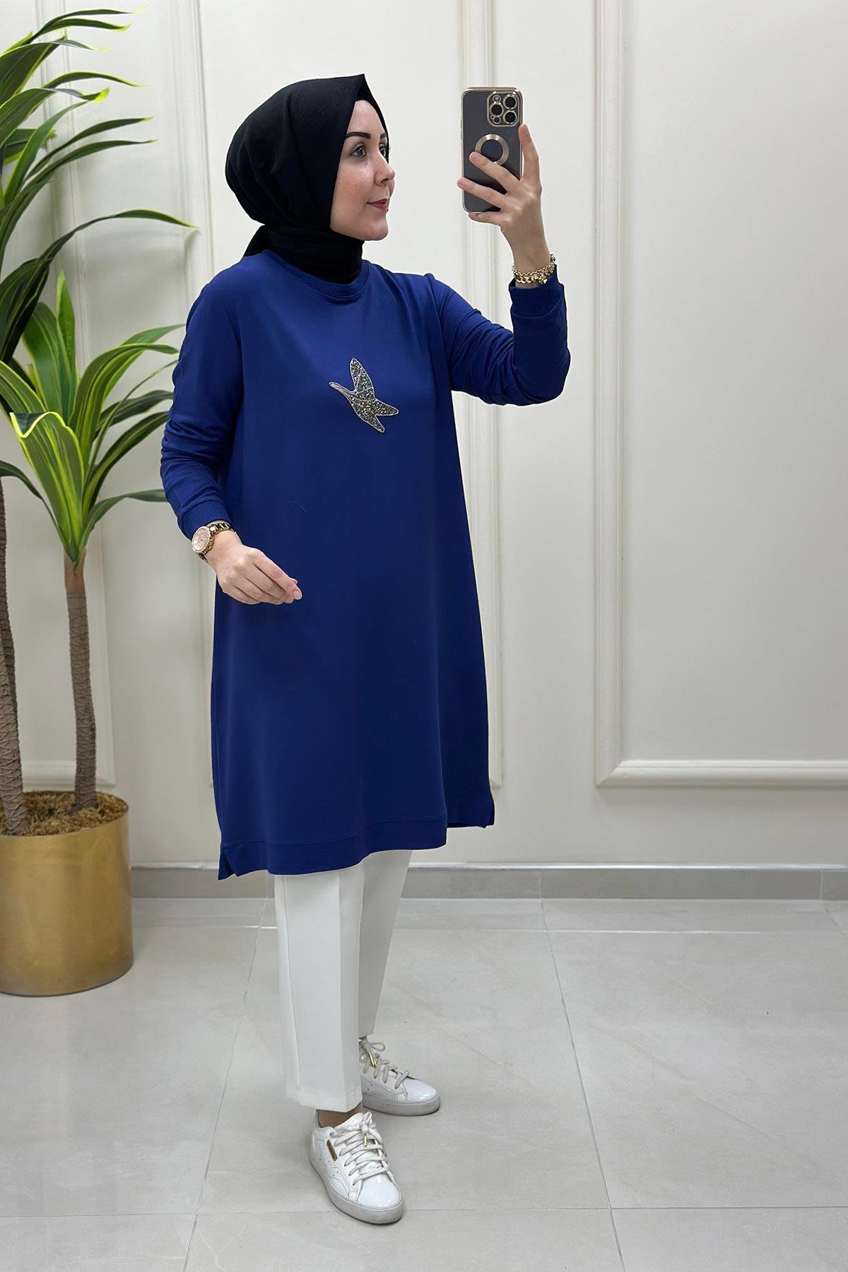 Tesettür TunikÖnü Kuş Baskı Detaylı Ribanalı Kadın Tunik Koyu İndigo KADO 9712
