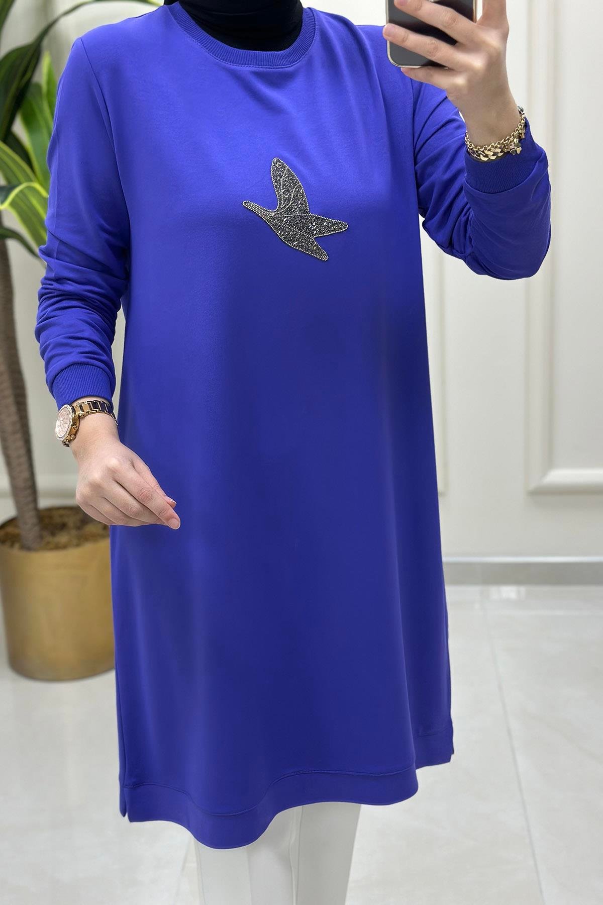 Tesettür TunikÖnü Kuş Baskı Detaylı Ribanalı Kadın Tunik Mor KADO 9712