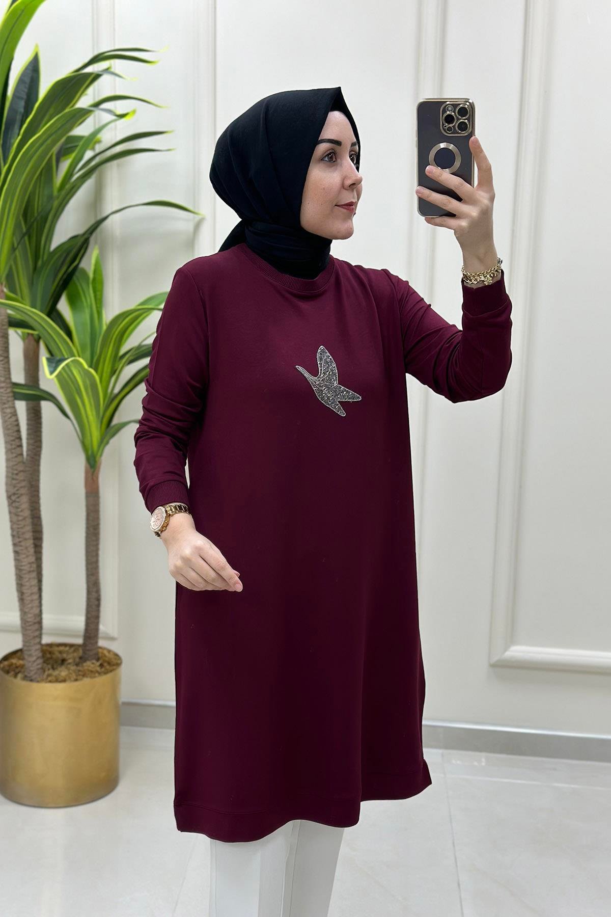 Tesettür TunikÖnü Kuş Baskı Detaylı Ribanalı Kadın Tunik Bordo KADO 9712
