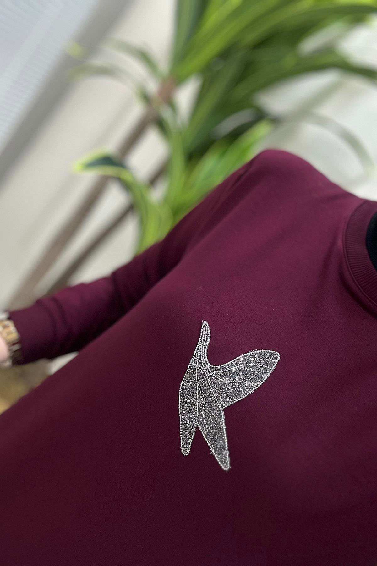 Tesettür TunikÖnü Kuş Baskı Detaylı Ribanalı Kadın Tunik Bordo KADO 9712