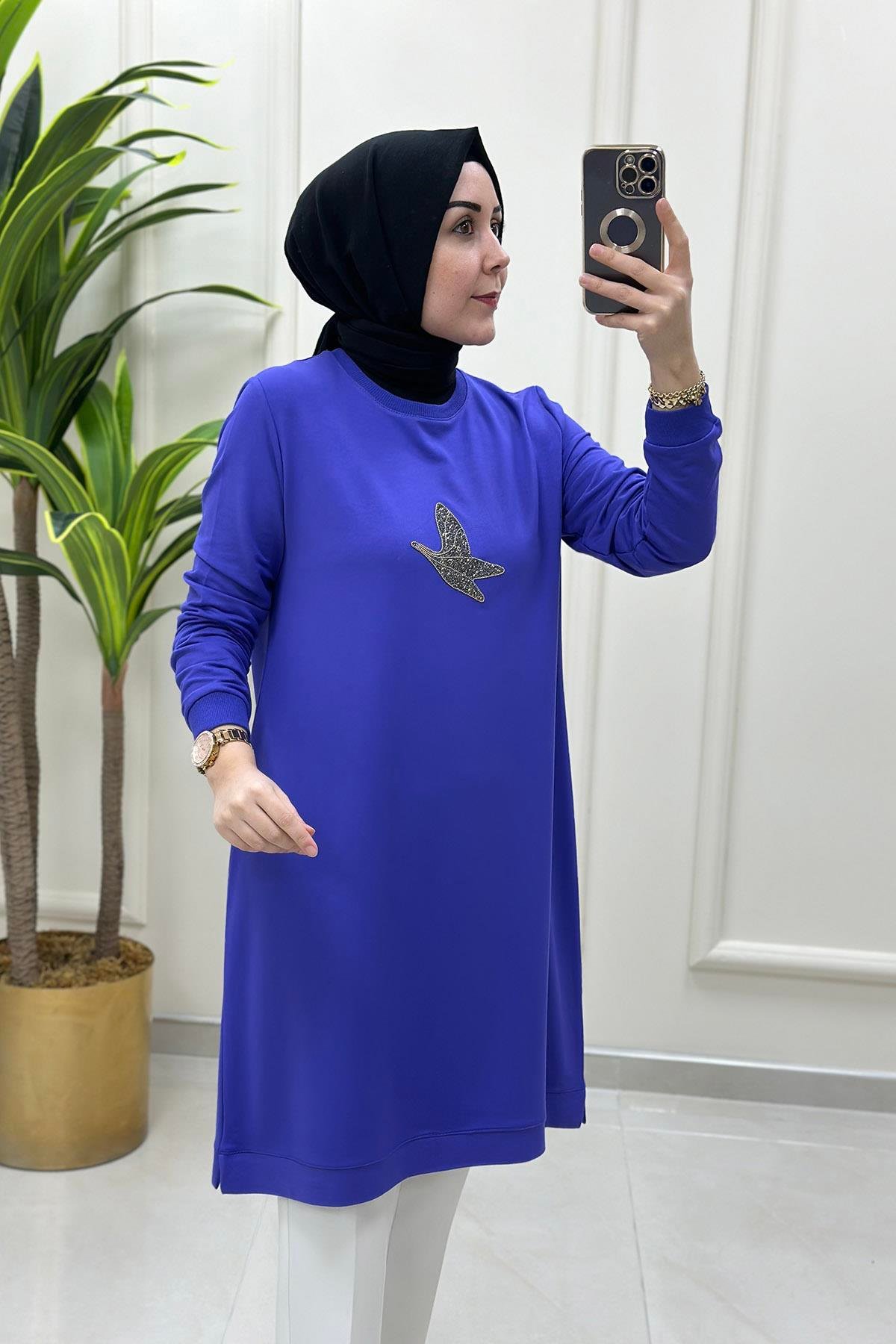 Tesettür TunikÖnü Kuş Baskı Detaylı Ribanalı Kadın Tunik Mor KADO 9712