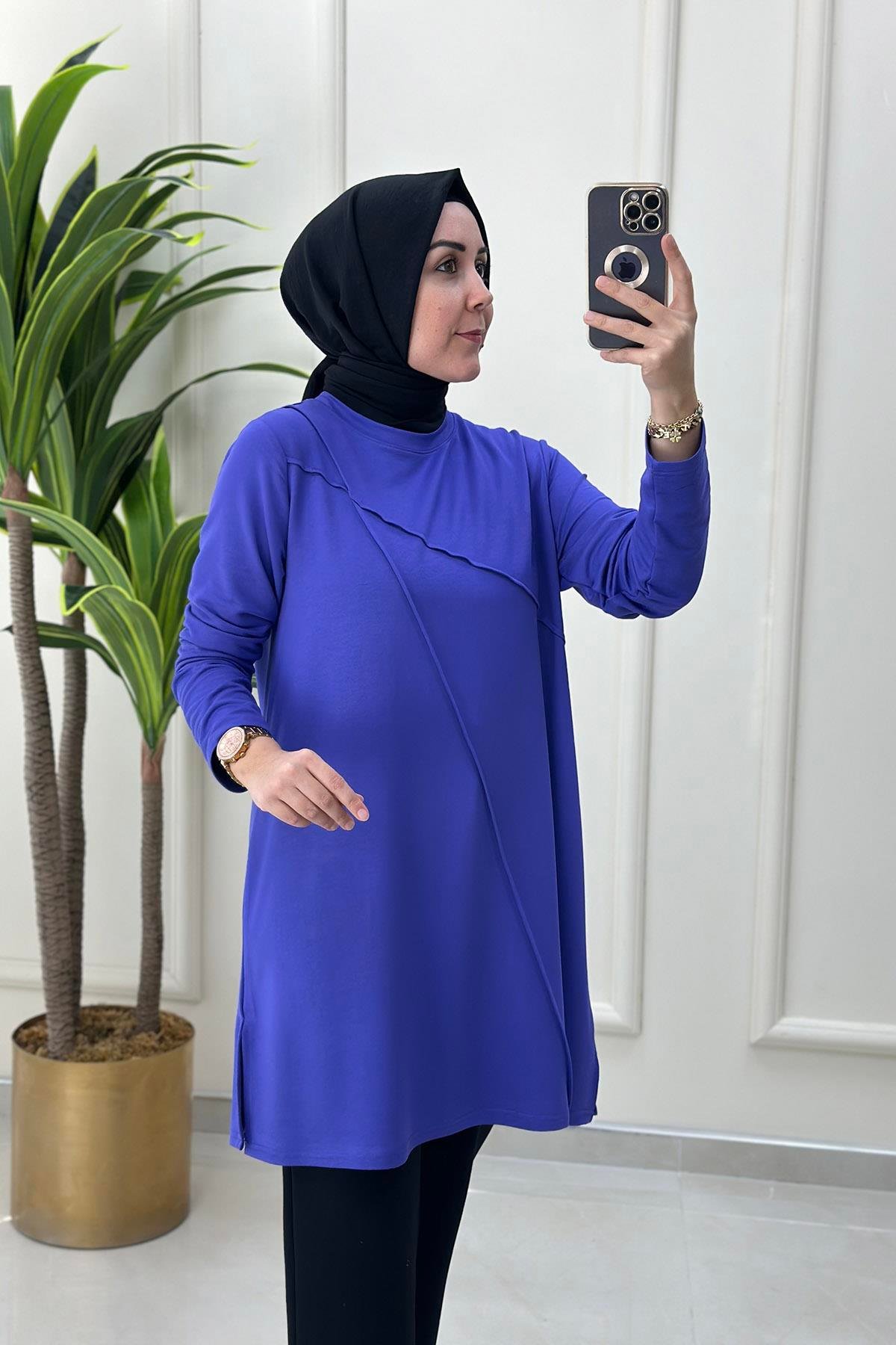 Tesettür TunikÖnü Nervürlü Yanı Yırtmaç Detaylı Kadın Tunik Mor KADO 9494