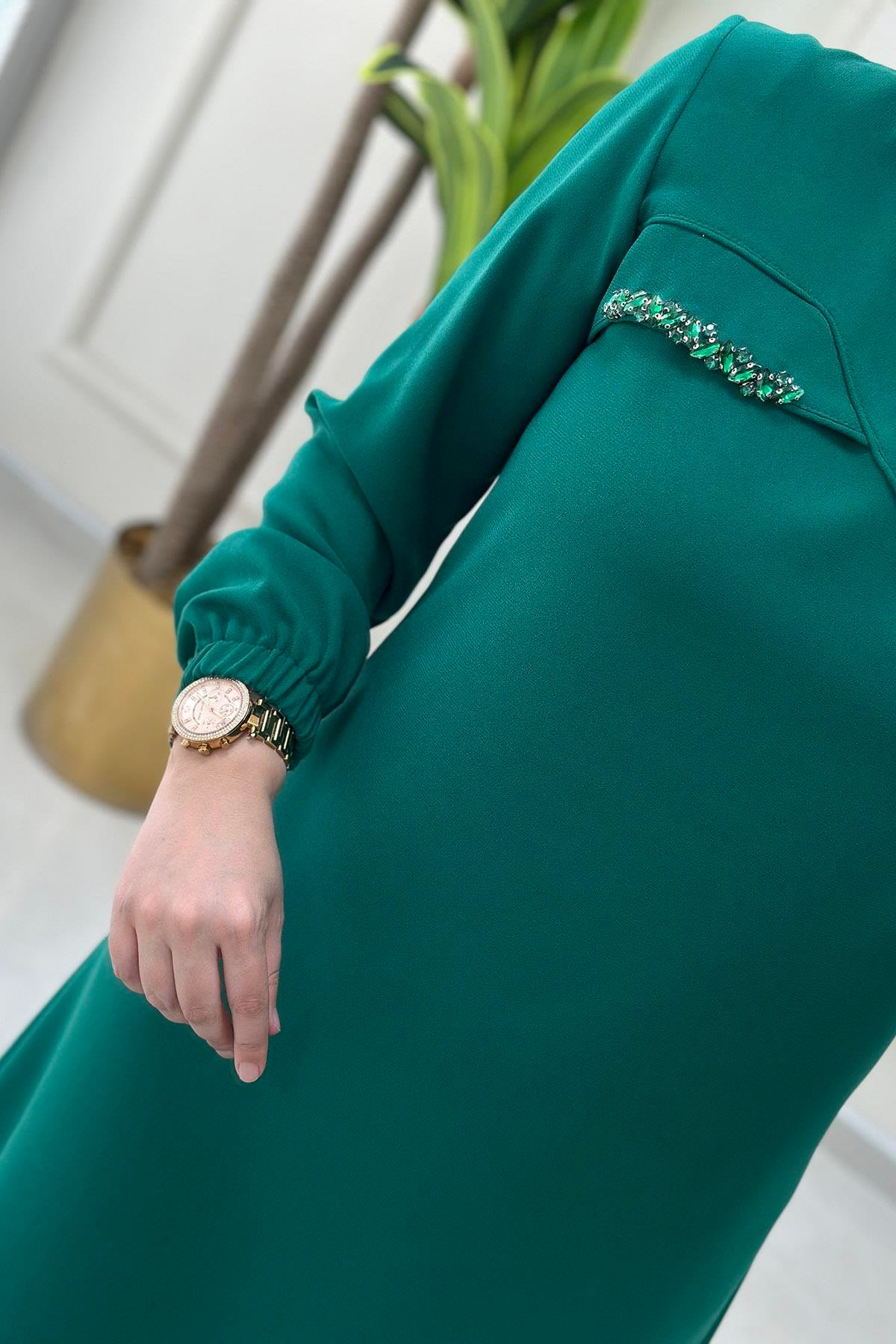 Tesettür TunikÖnü Taş Detaylı Kolu Büzgülü Kadın Tunik Benetton Yeşili MLH 4183