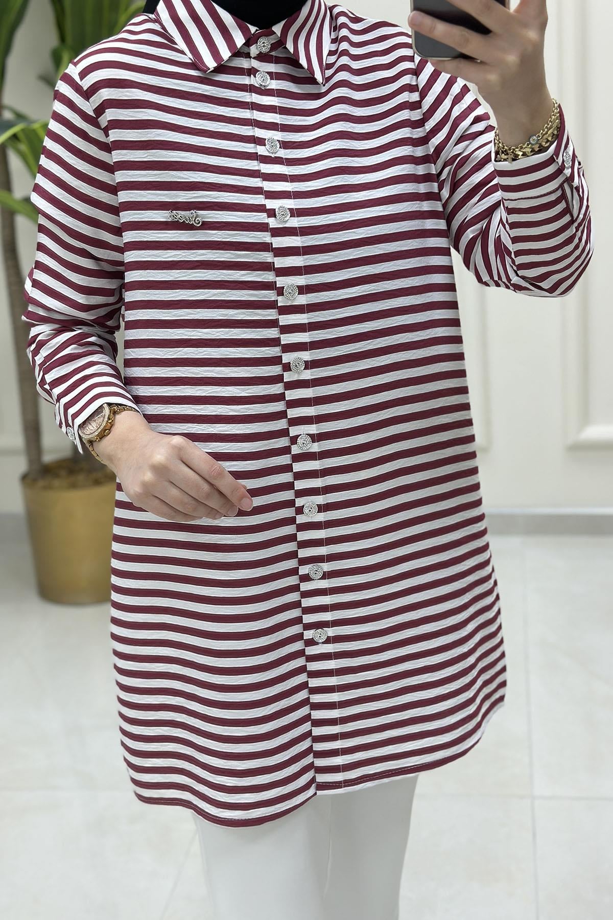 Tesettür TunikÖnü Taş Düğmeli Çizgi Desen Kadın Tunik Bordo KADO 251220