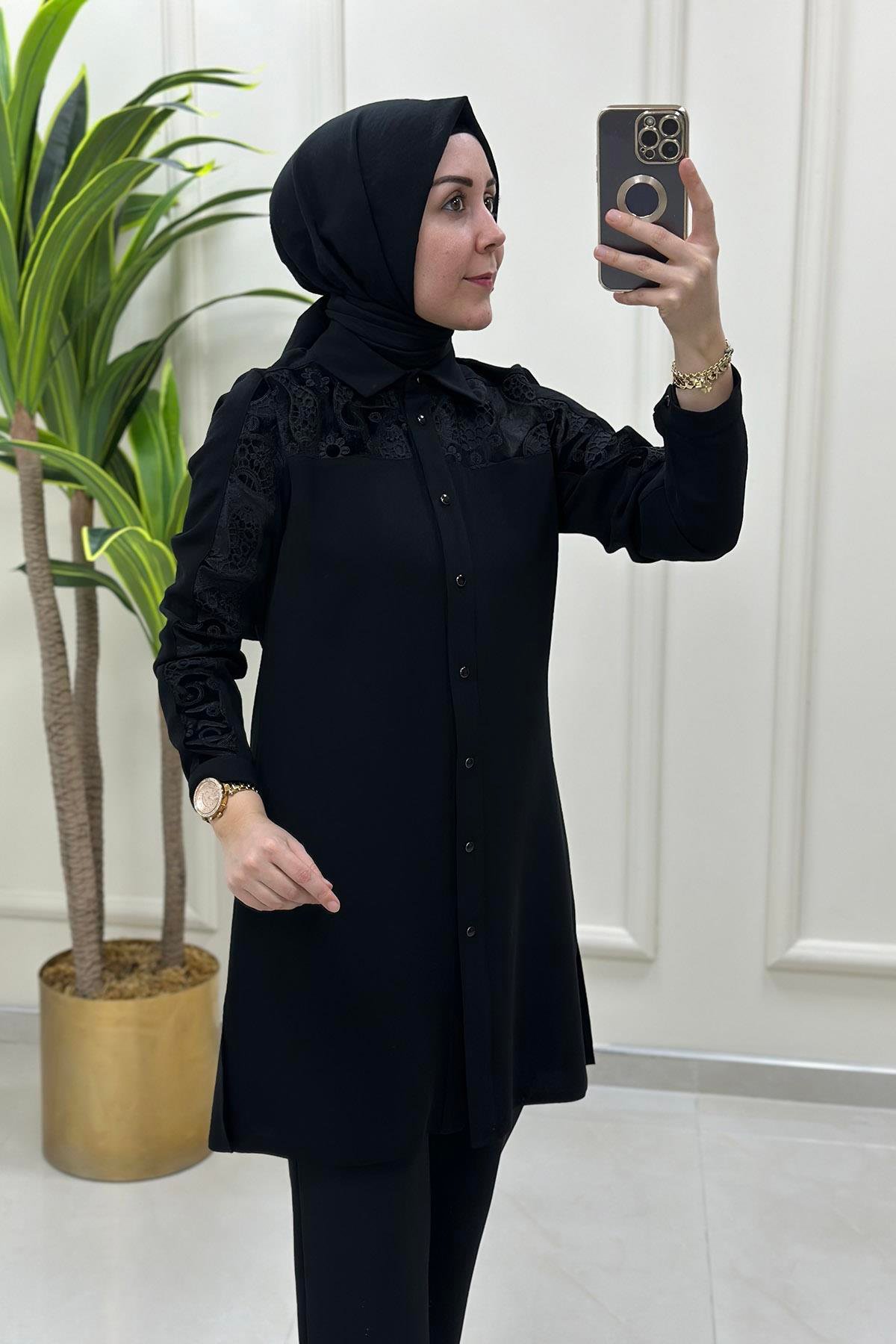 Tesettür TunikÖnü ve Kolları Kadife Dantel Detaylı Kadın Tunik Siyah HYA 1407
