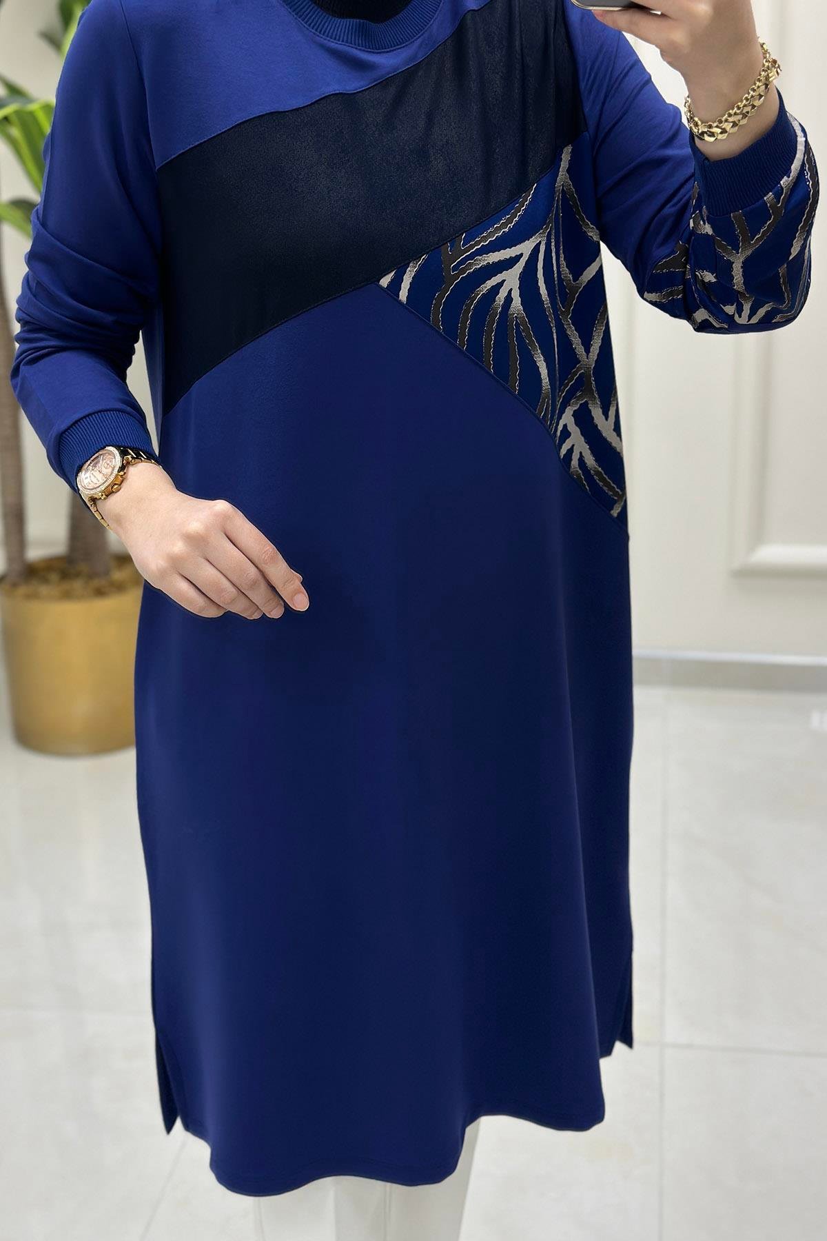 Tesettür TunikÖnü ve Kolu Renk Garnili Ribanalı Kadın Tunik Koyu İndigo KADO 251227