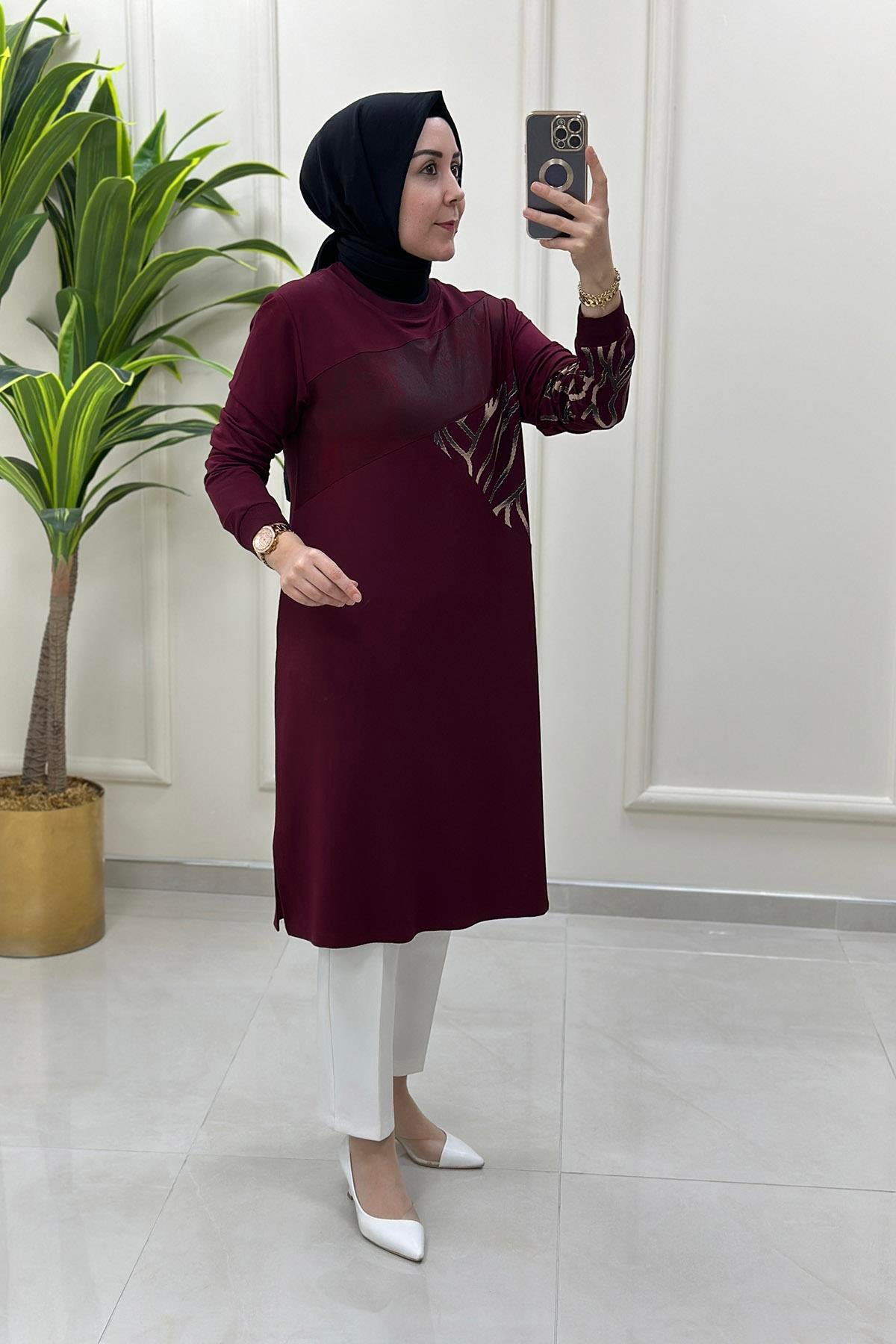 Tesettür TunikÖnü ve Kolu Renk Garnili Ribanalı Kadın Tunik Bordo KADO 251227