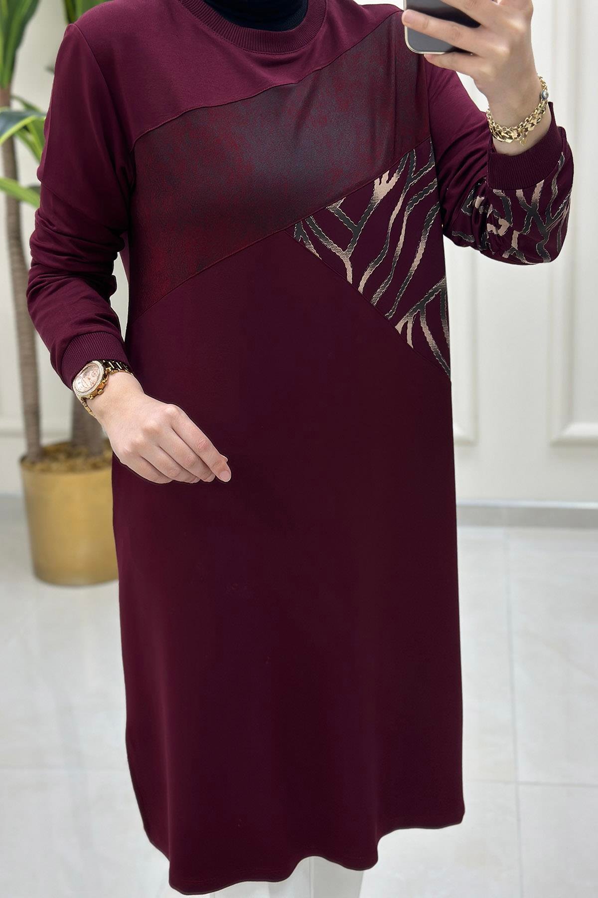 Tesettür TunikÖnü ve Kolu Renk Garnili Ribanalı Kadın Tunik Bordo KADO 251227