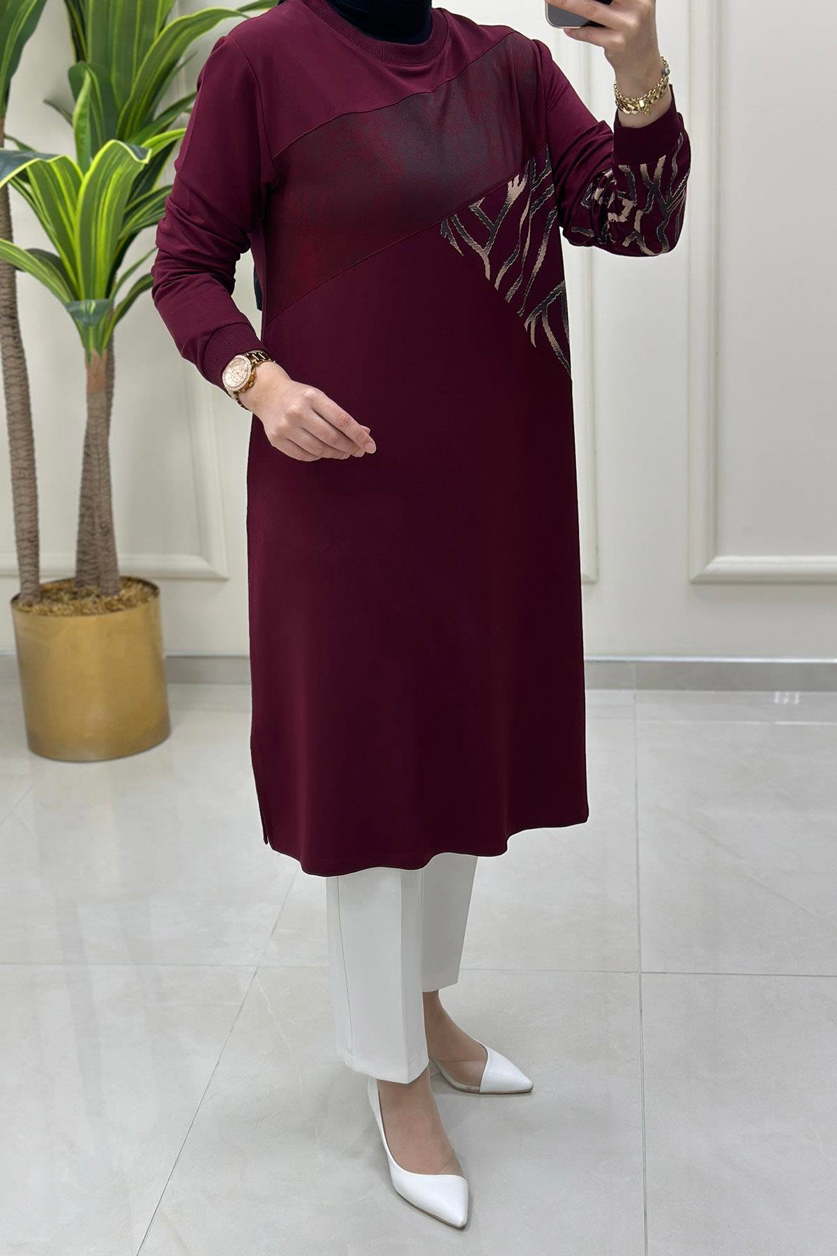 Tesettür TunikÖnü ve Kolu Renk Garnili Ribanalı Kadın Tunik Bordo KADO 251227