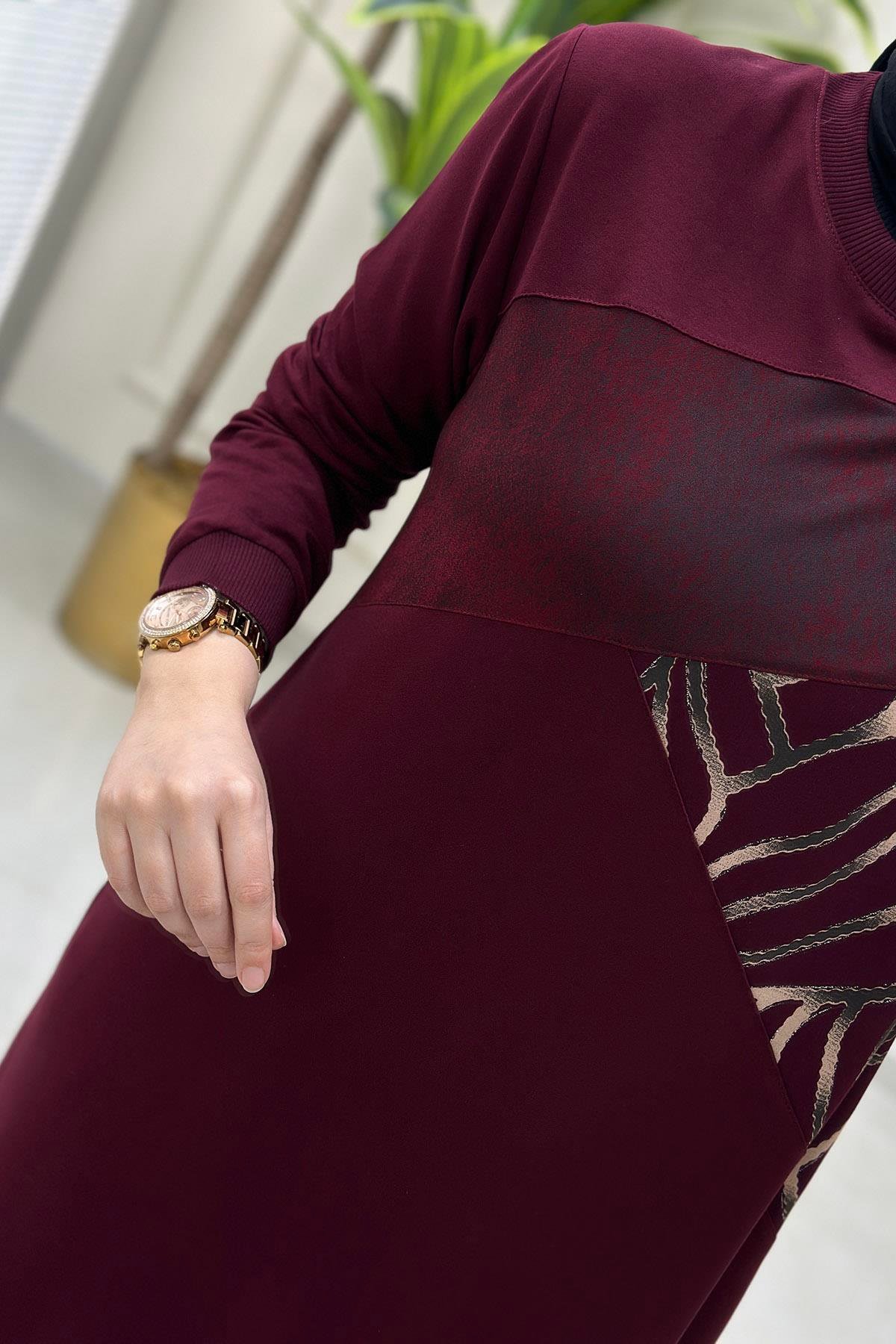 Tesettür TunikÖnü ve Kolu Renk Garnili Ribanalı Kadın Tunik Bordo KADO 251227