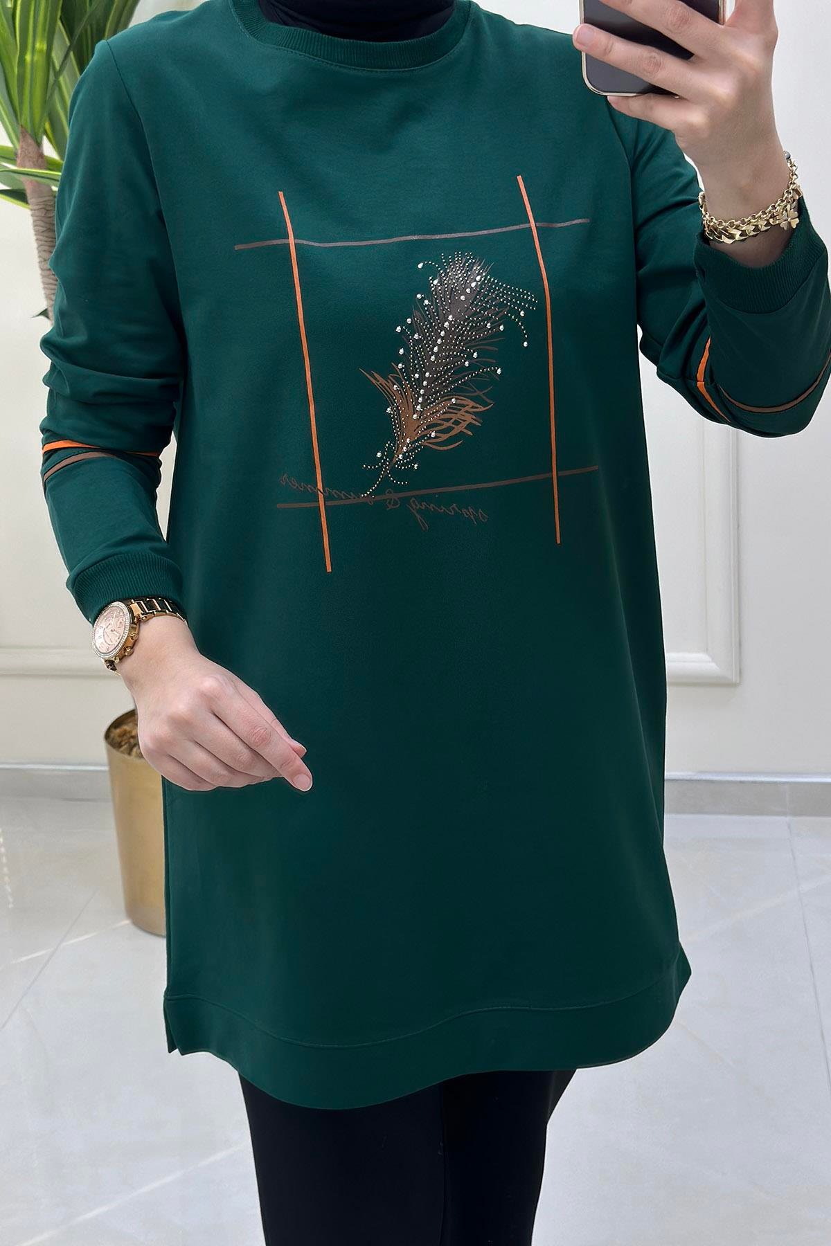 Tesettür TunikÖnü Yaprak Desen Baskılı Ribanalı Kadın Tunik Zümrüt Yeşili KADO 8307