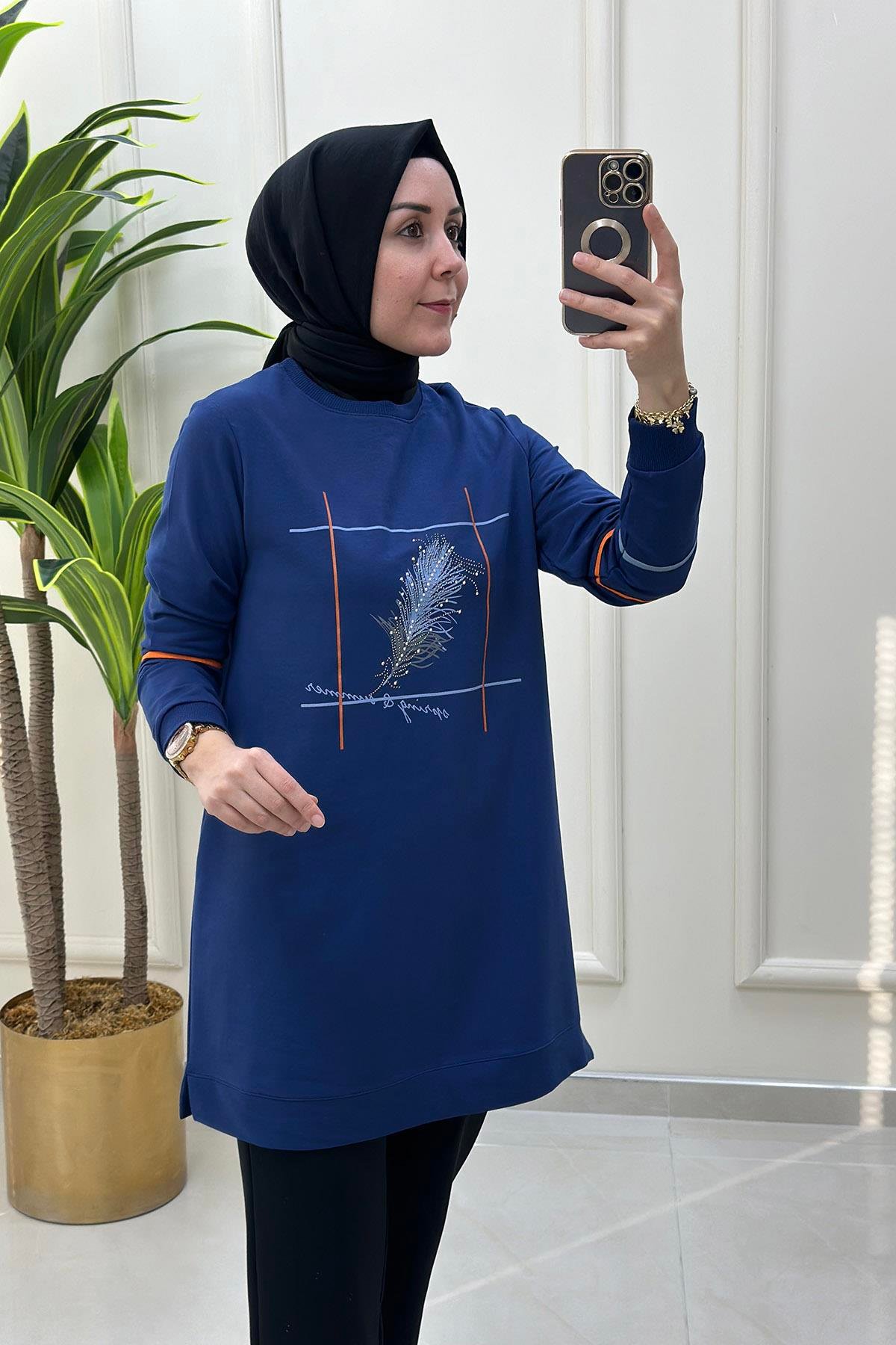 Tesettür TunikÖnü Yaprak Desen Baskılı Ribanalı Kadın Tunik Koyu İndigo KADO 8307