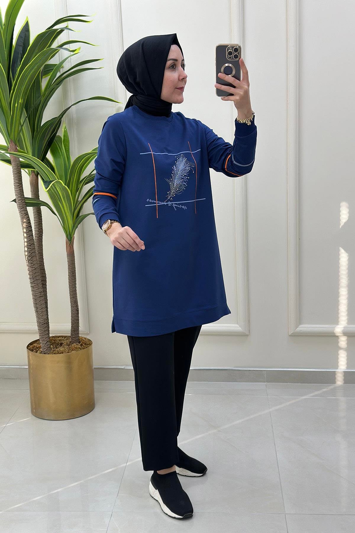 Tesettür TunikÖnü Yaprak Desen Baskılı Ribanalı Kadın Tunik Koyu İndigo KADO 8307