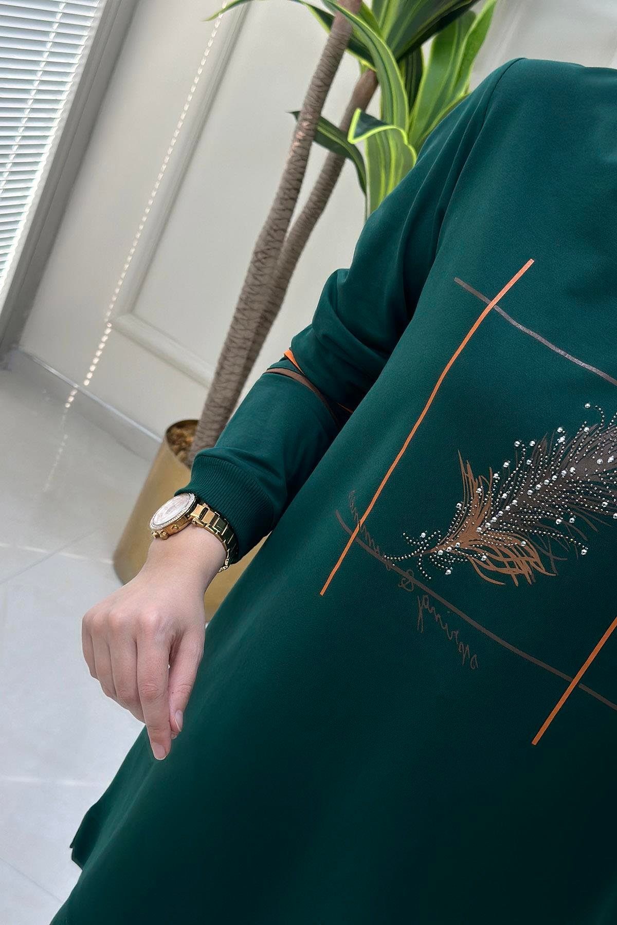 Tesettür TunikÖnü Yaprak Desen Baskılı Ribanalı Kadın Tunik Zümrüt Yeşili KADO 8307