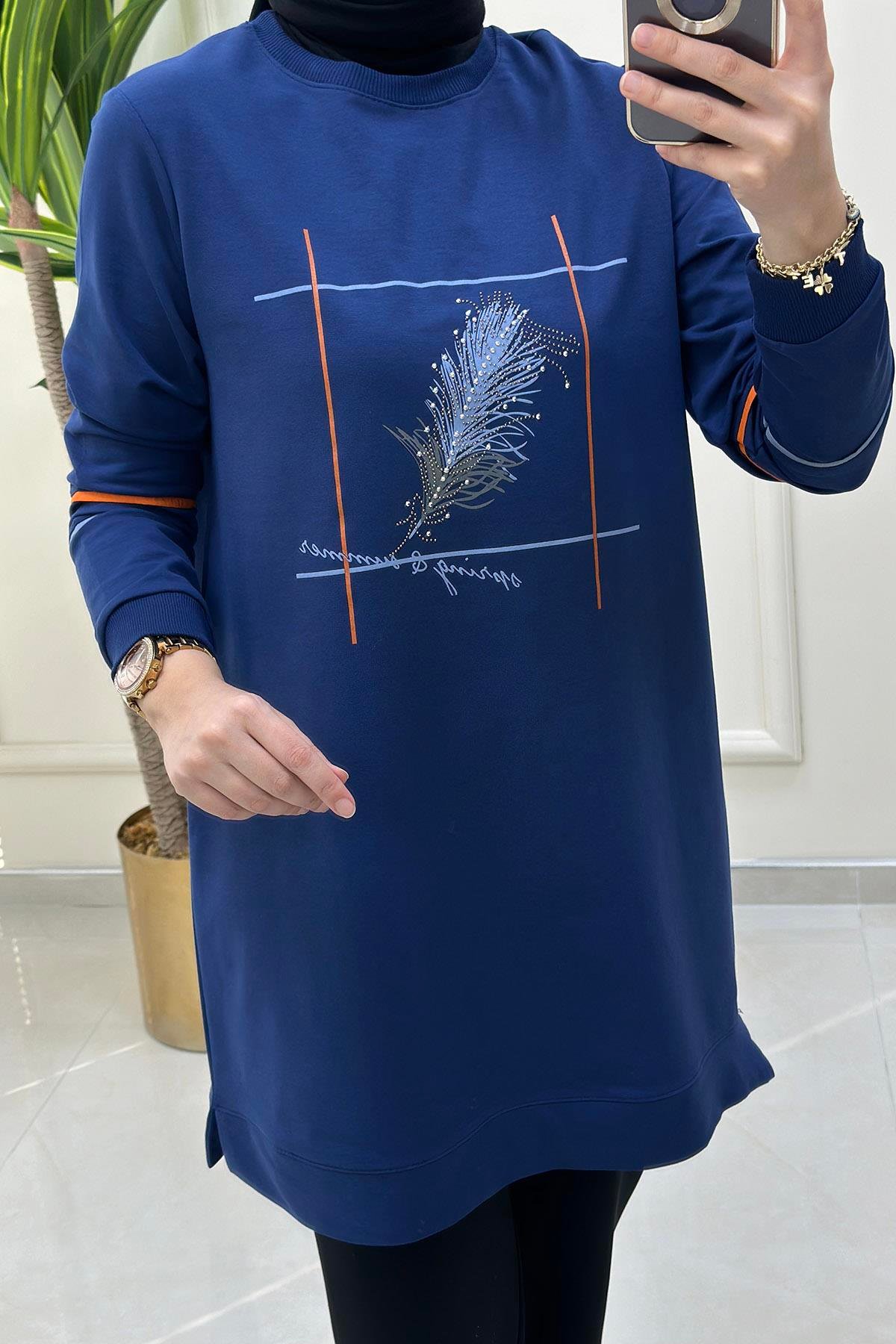 Tesettür TunikÖnü Yaprak Desen Baskılı Ribanalı Kadın Tunik Koyu İndigo KADO 8307