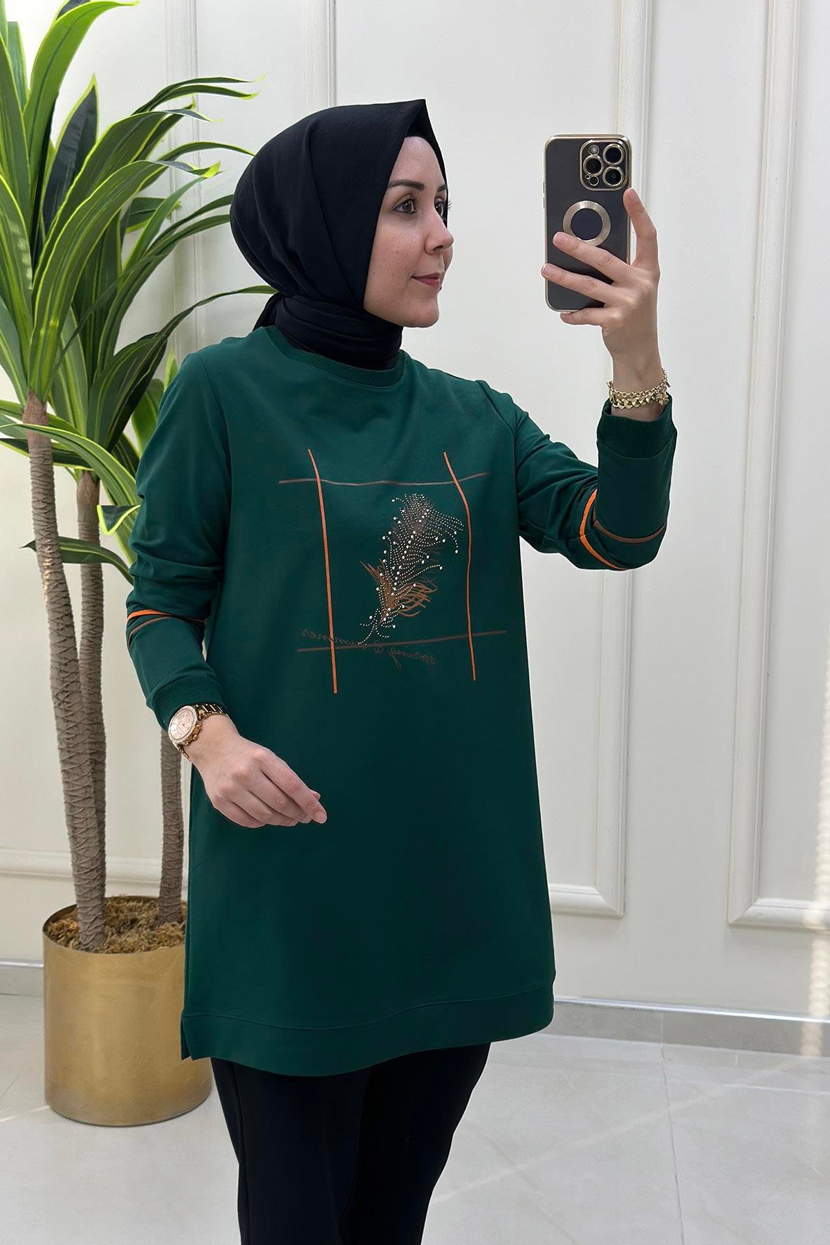 Tesettür TunikÖnü Yaprak Desen Baskılı Ribanalı Kadın Tunik Zümrüt Yeşili KADO 8307