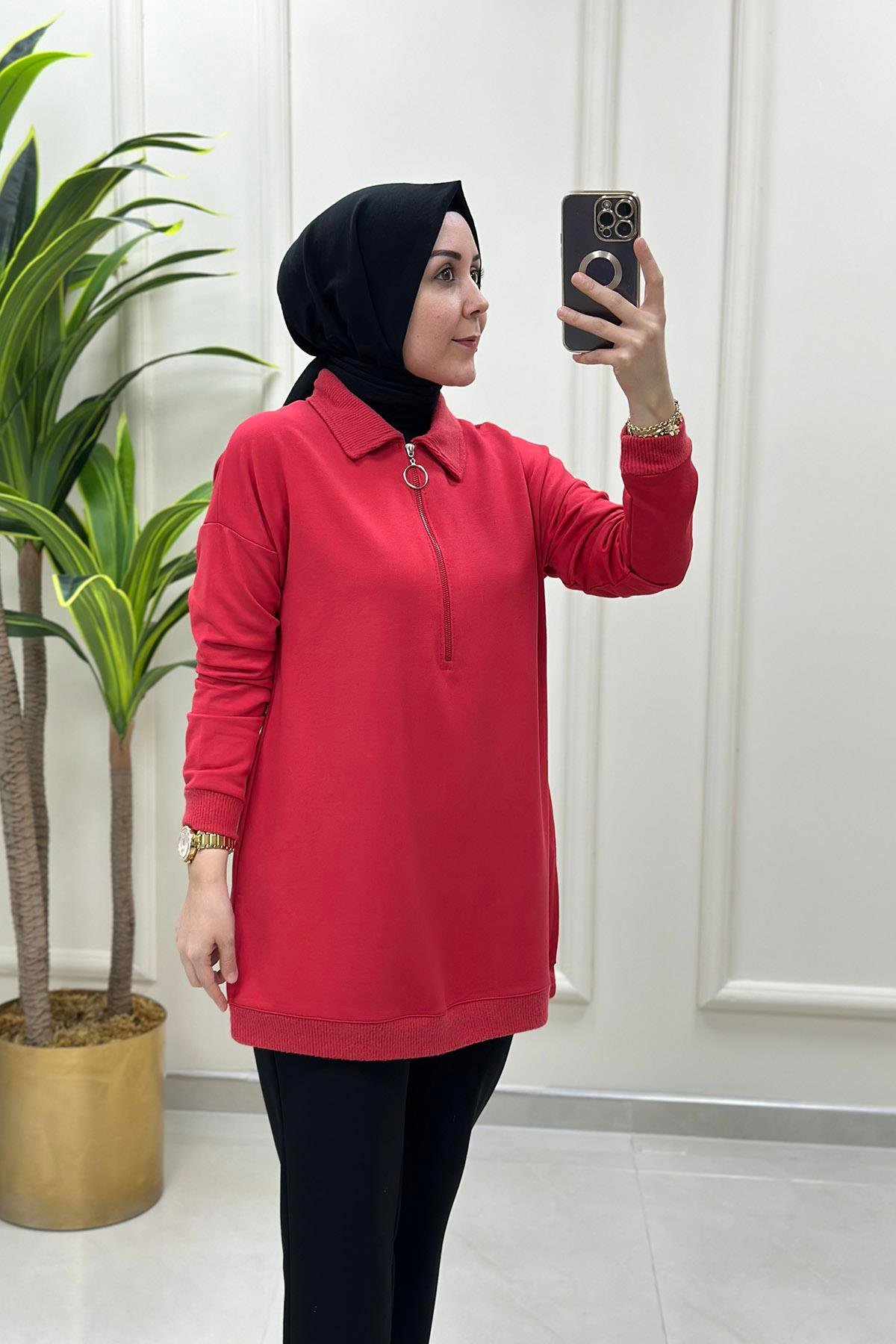 Tesettür TunikÖnü Yarım Fermuarlı Örme Kombinli Kadın Tunik Kırmızı KADO 9645