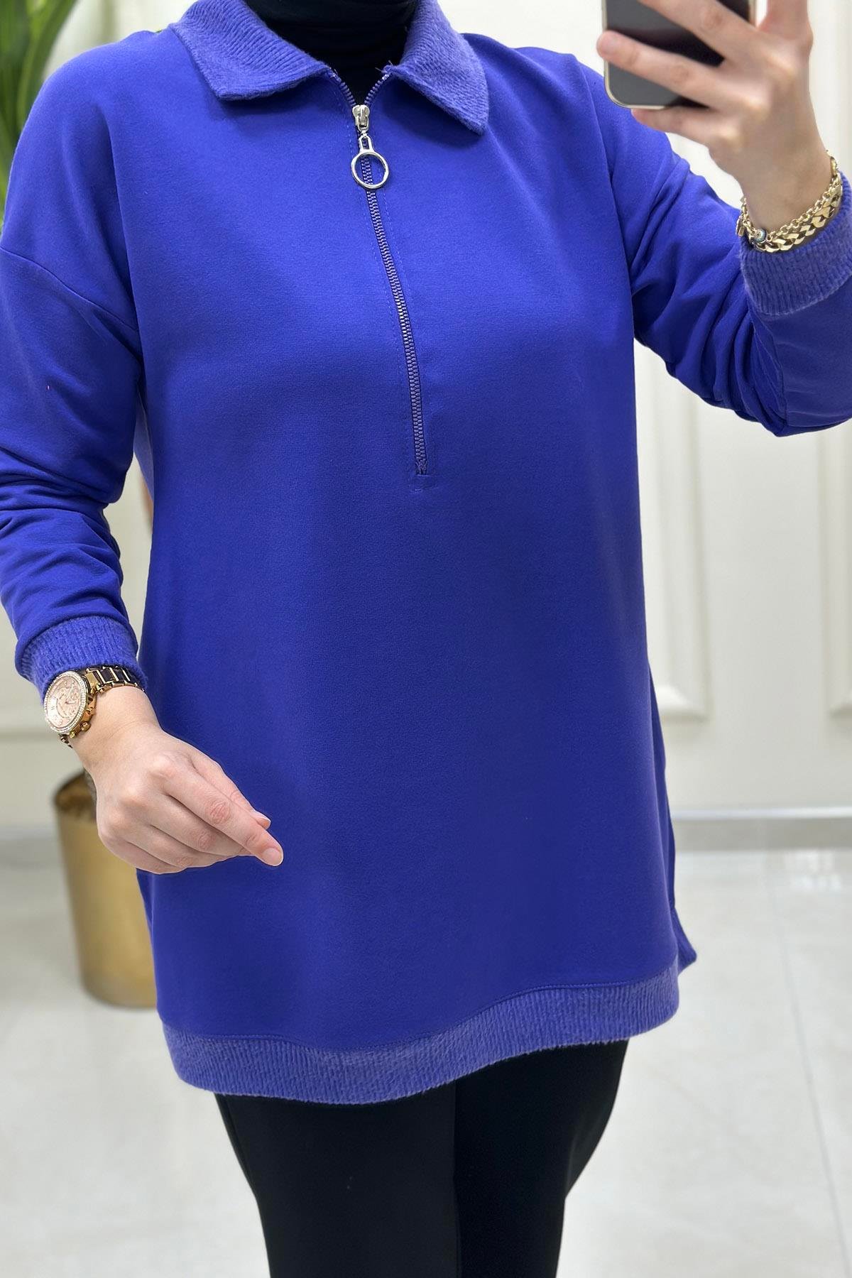 Tesettür TunikÖnü Yarım Fermuarlı Örme Kombinli Kadın Tunik Mor KADO 9645