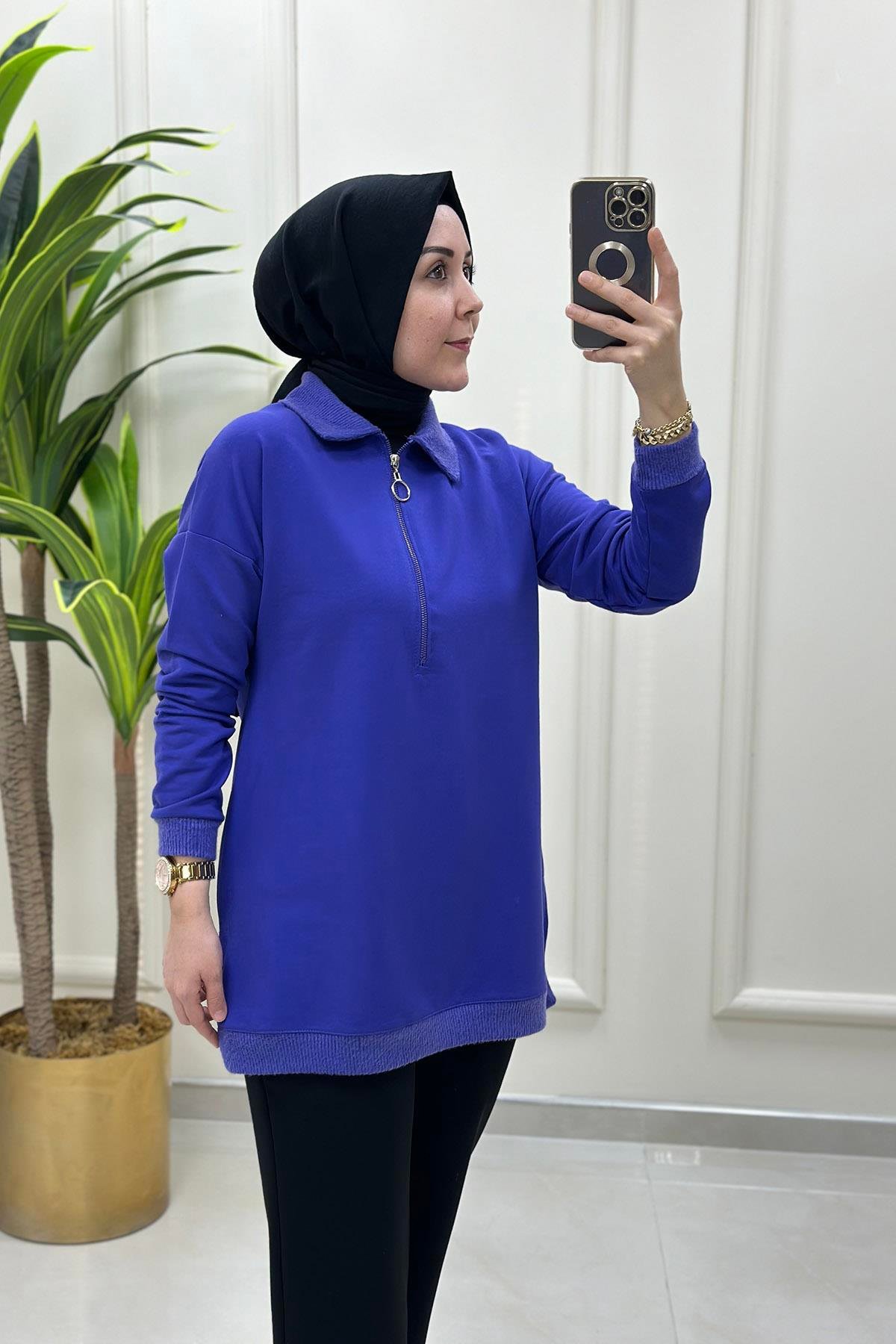 Tesettür TunikÖnü Yarım Fermuarlı Örme Kombinli Kadın Tunik Mor KADO 9645